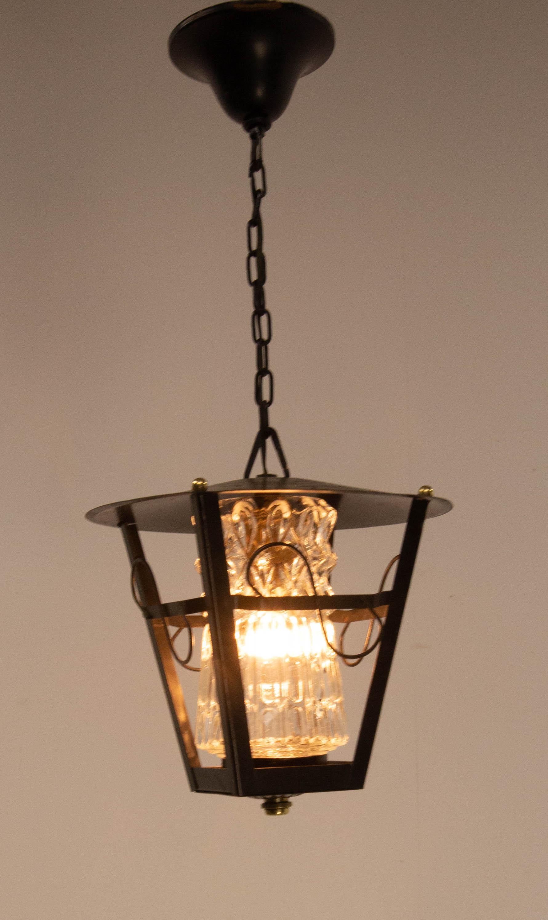 Iron and Glass Ceiling Lamp Lustre French Lantern, circa 1960 In Good Condition For Sale In Labrit, Landes