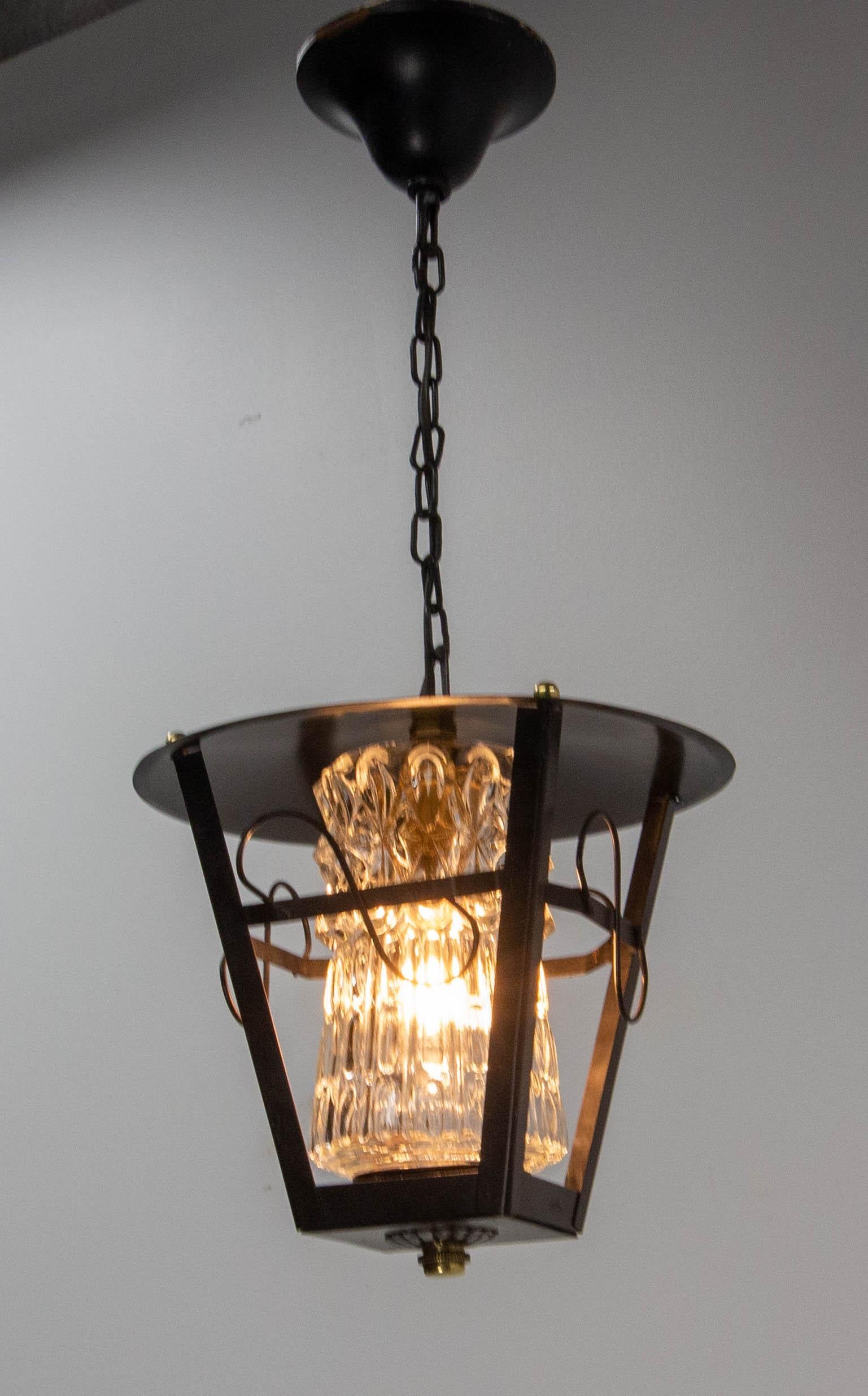 Mid-20th Century Iron and Glass Ceiling Lamp Lustre French Lantern, circa 1960 For Sale