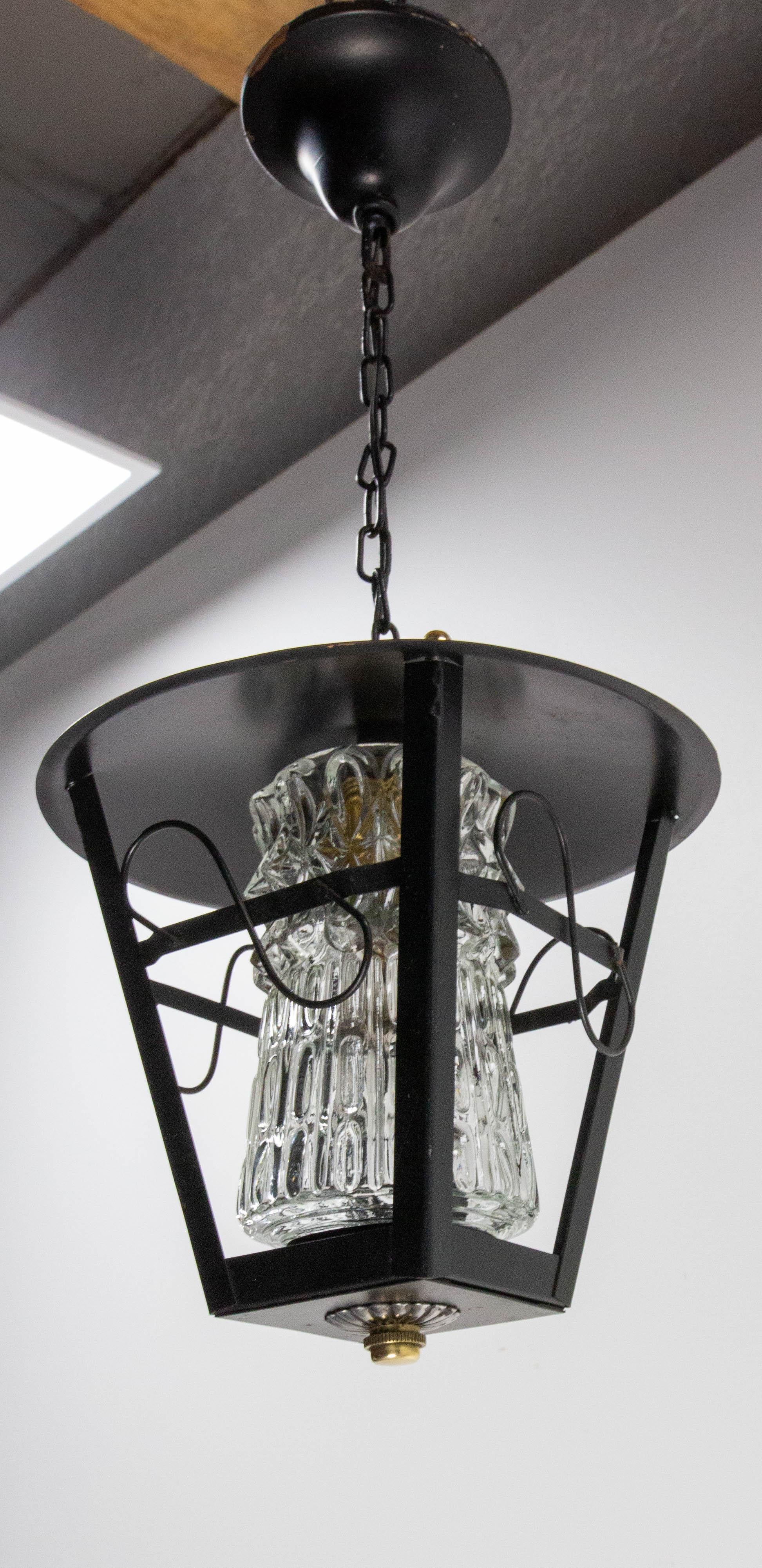 Iron and Glass Ceiling Lamp Lustre French Lantern, circa 1960 For Sale 1
