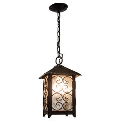 Vintage Iron and Glass Ceiling Lamp Lustre French Lantern, circa 1960