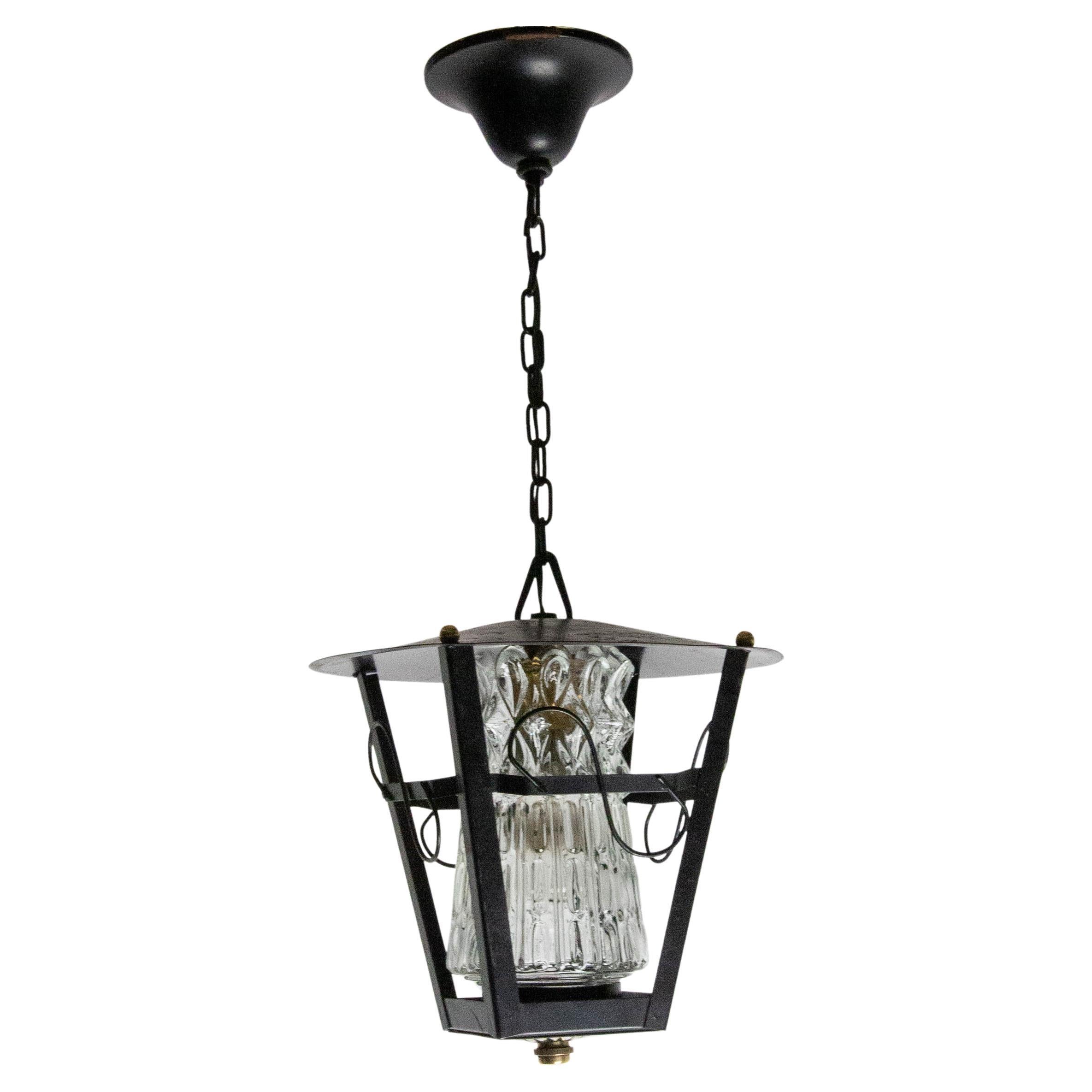 Iron and Glass Ceiling Lamp Lustre French Lantern, circa 1960 For Sale