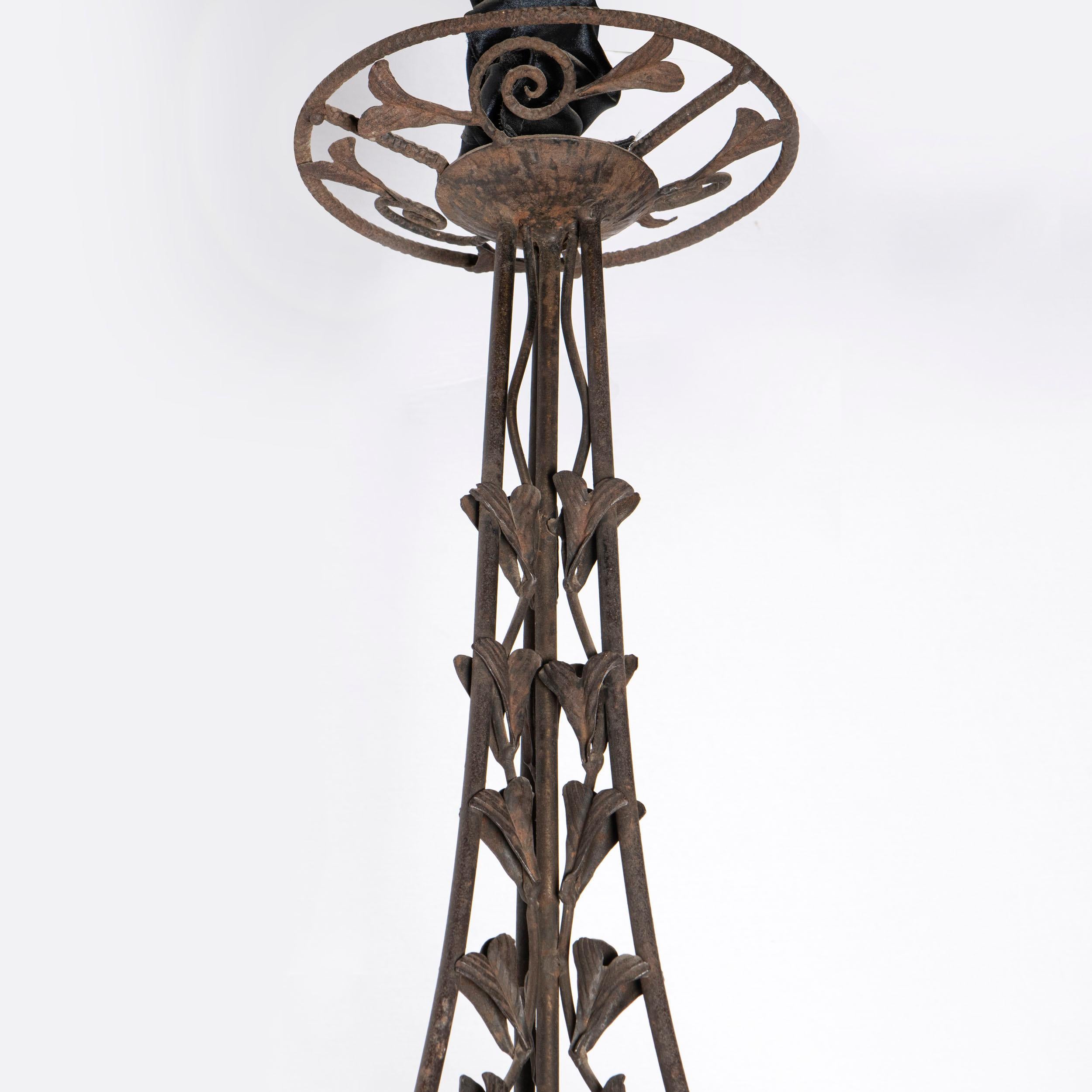 Art Deco Iron and Glass Chandelier, Glass Signed Muller Freres Luneville, France, C. 1940 For Sale