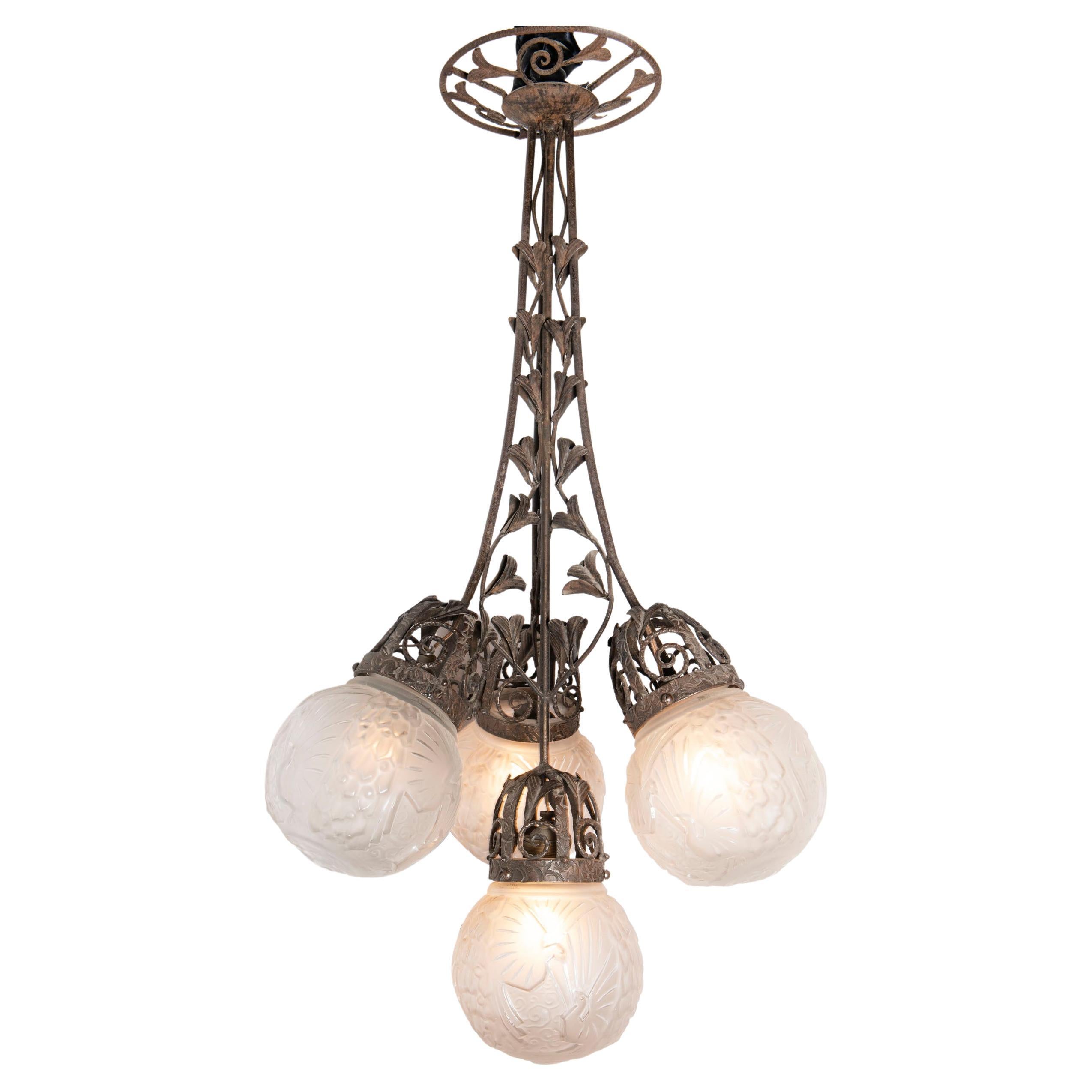 Iron and Glass Chandelier, Glass Signed Muller Freres Luneville, France, C. 1940 For Sale
