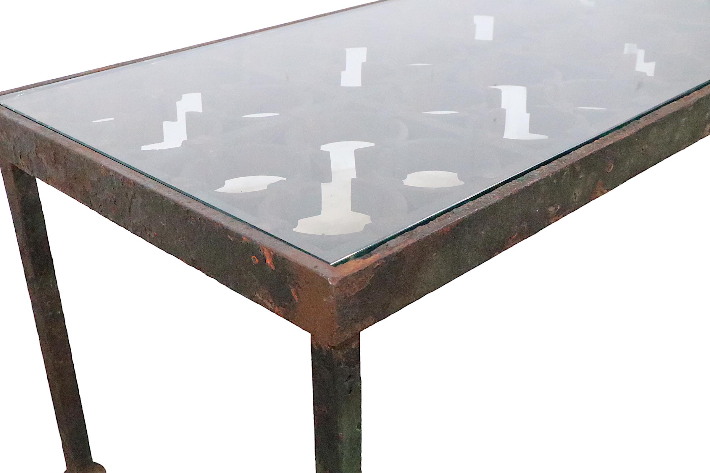 Industrial Iron and Glass Coffee Table created from a decorative  architectural iron panel