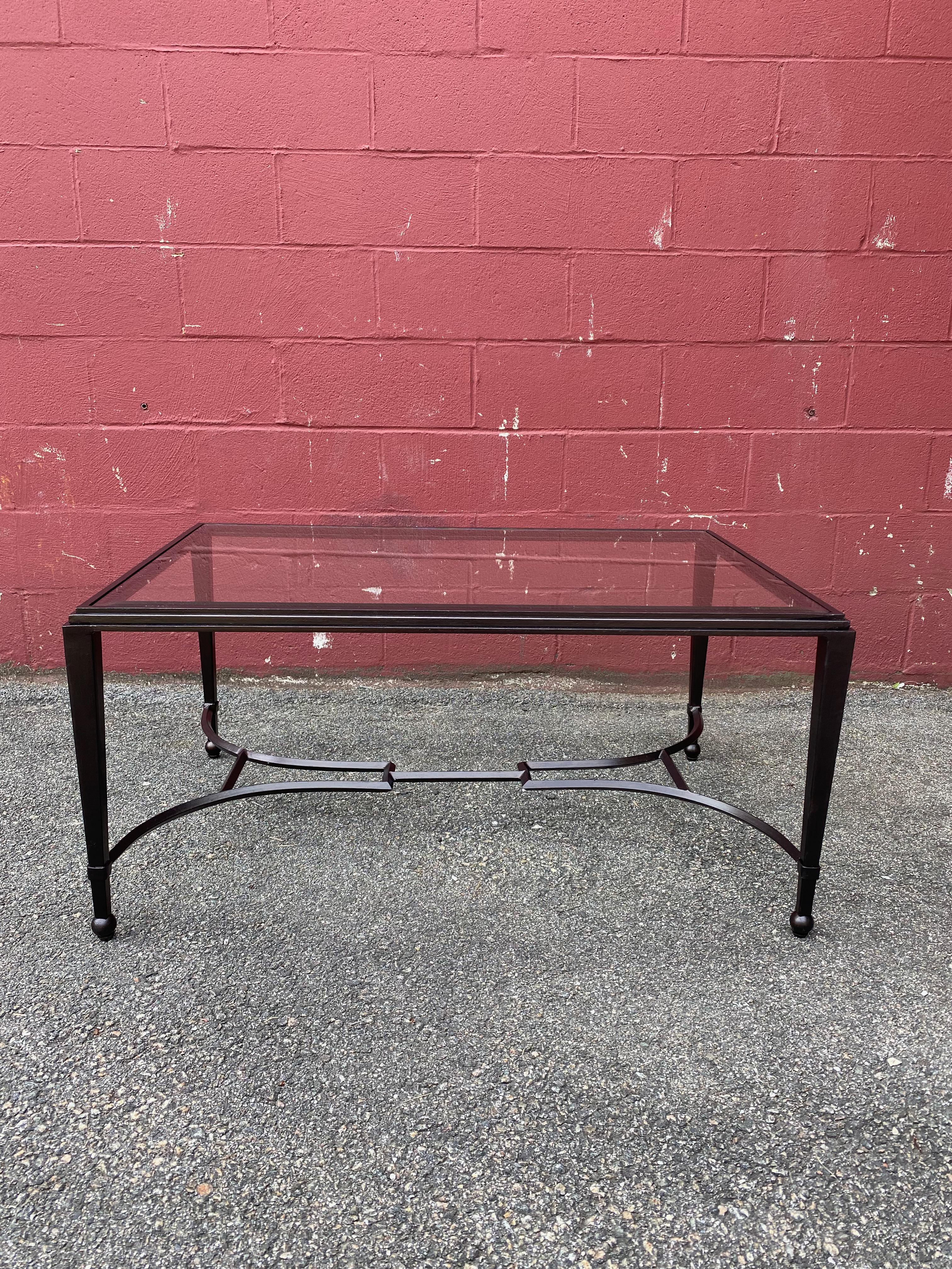 Iron and Glass Coffee Table in Patinated Bronze Finish For Sale 3