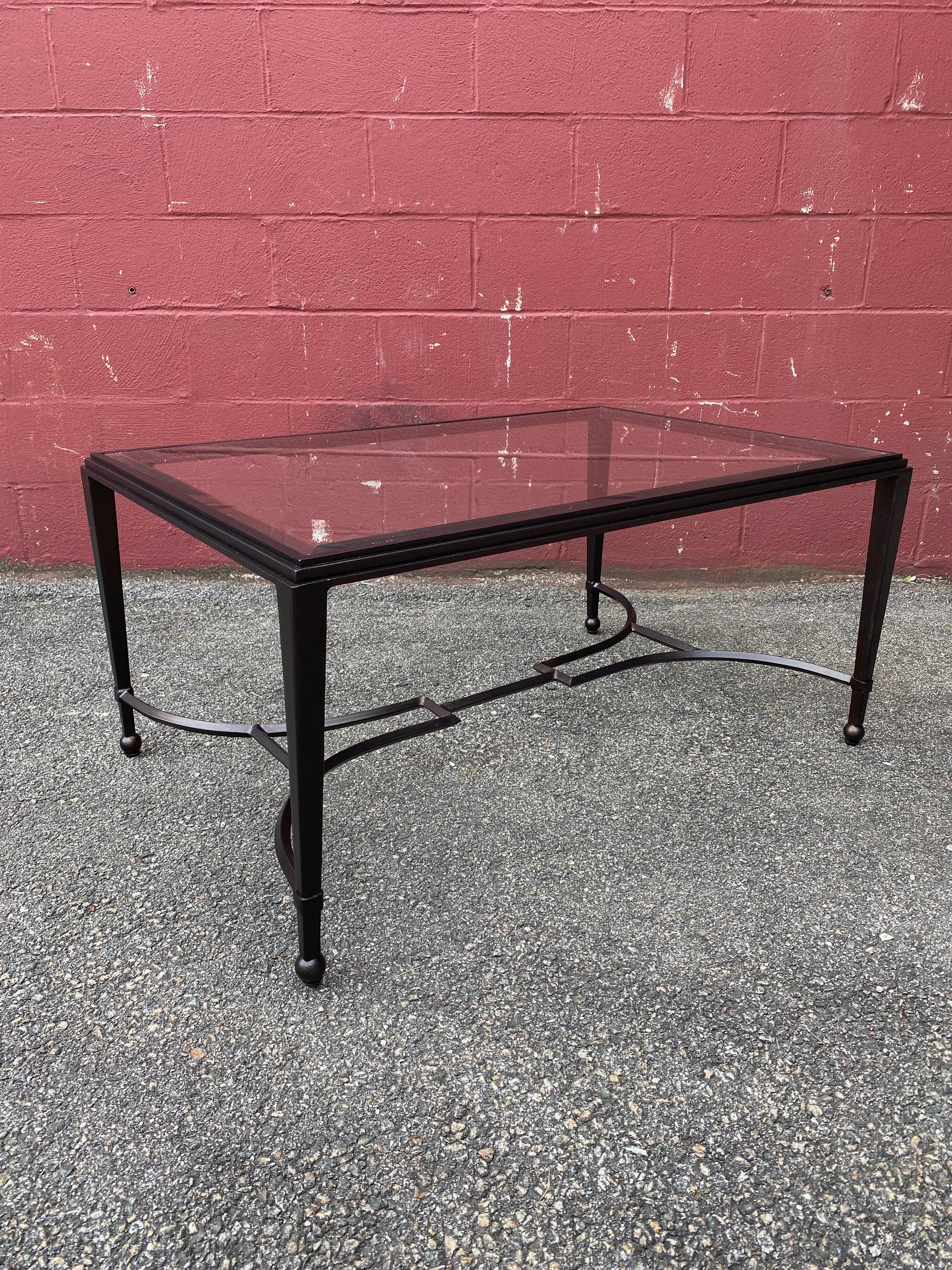 Iron and Glass Coffee Table in Patinated Bronze Finish For Sale 4