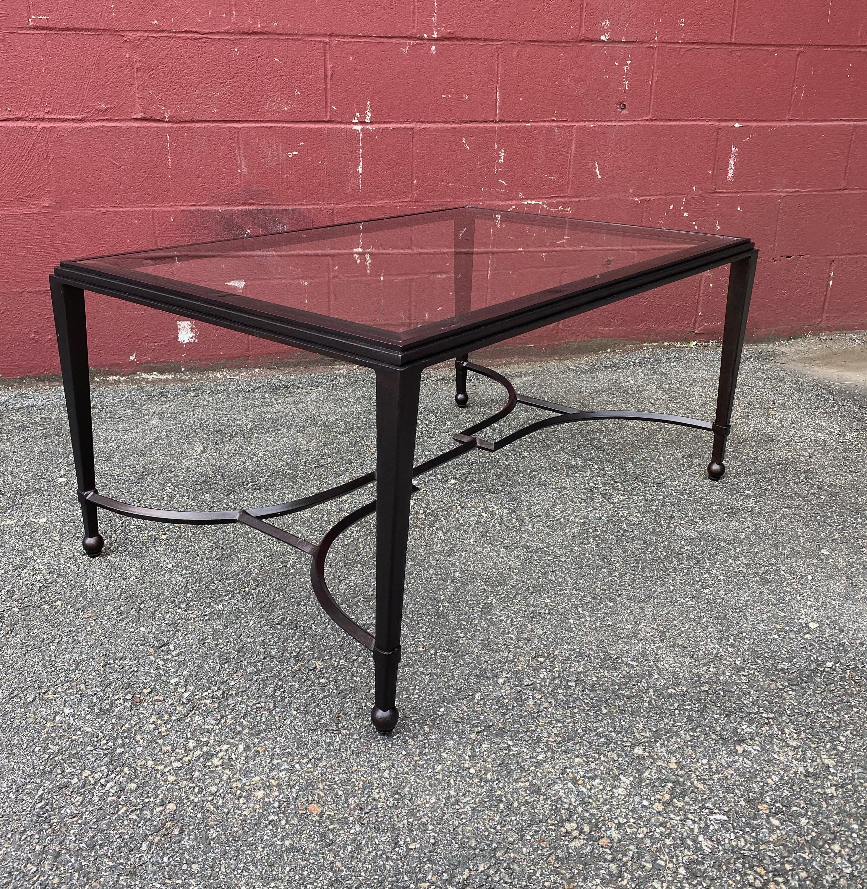 Neoclassical Iron and Glass Coffee Table in Patinated Bronze Finish For Sale