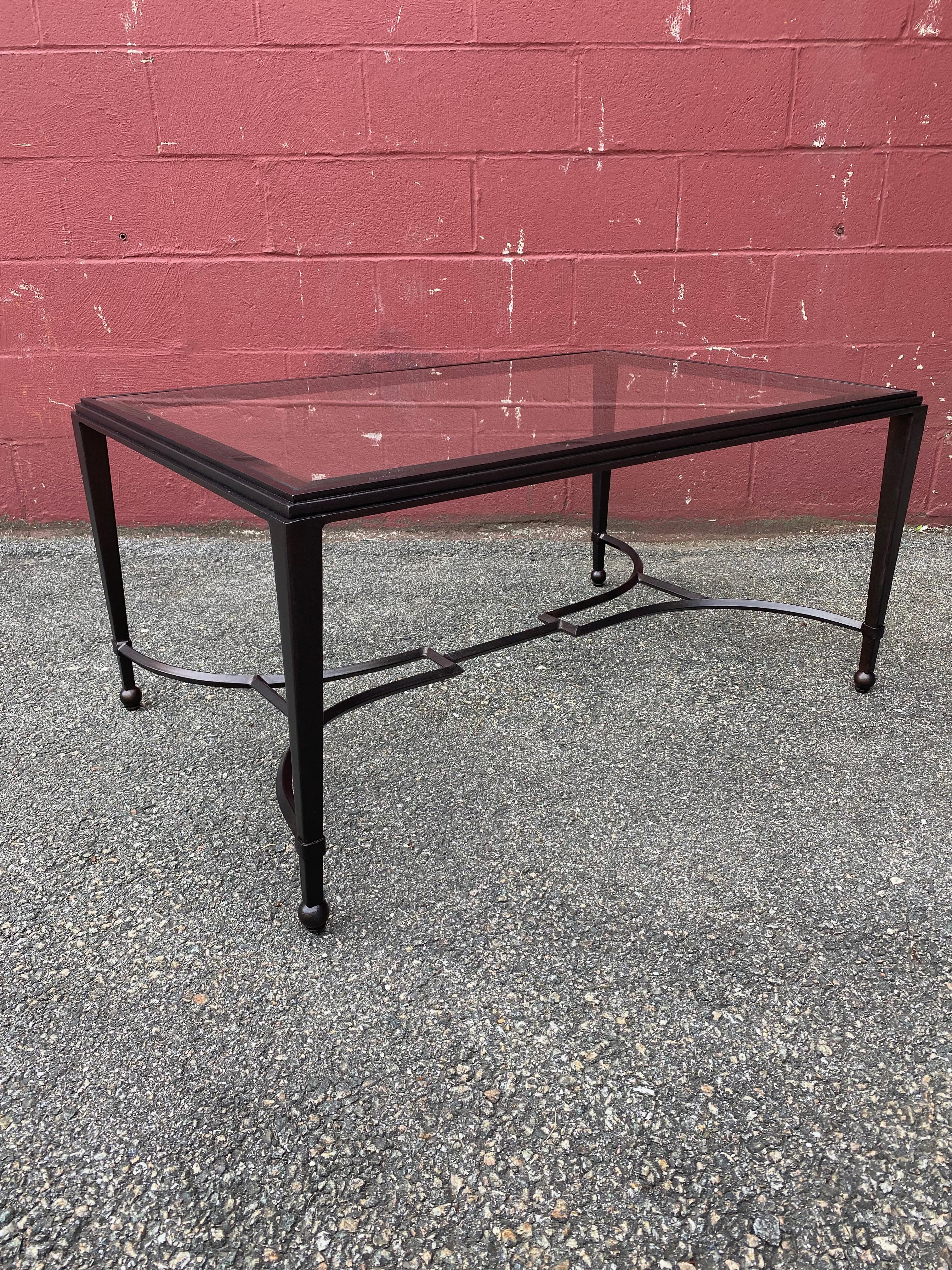American Iron and Glass Coffee Table in Patinated Bronze Finish For Sale