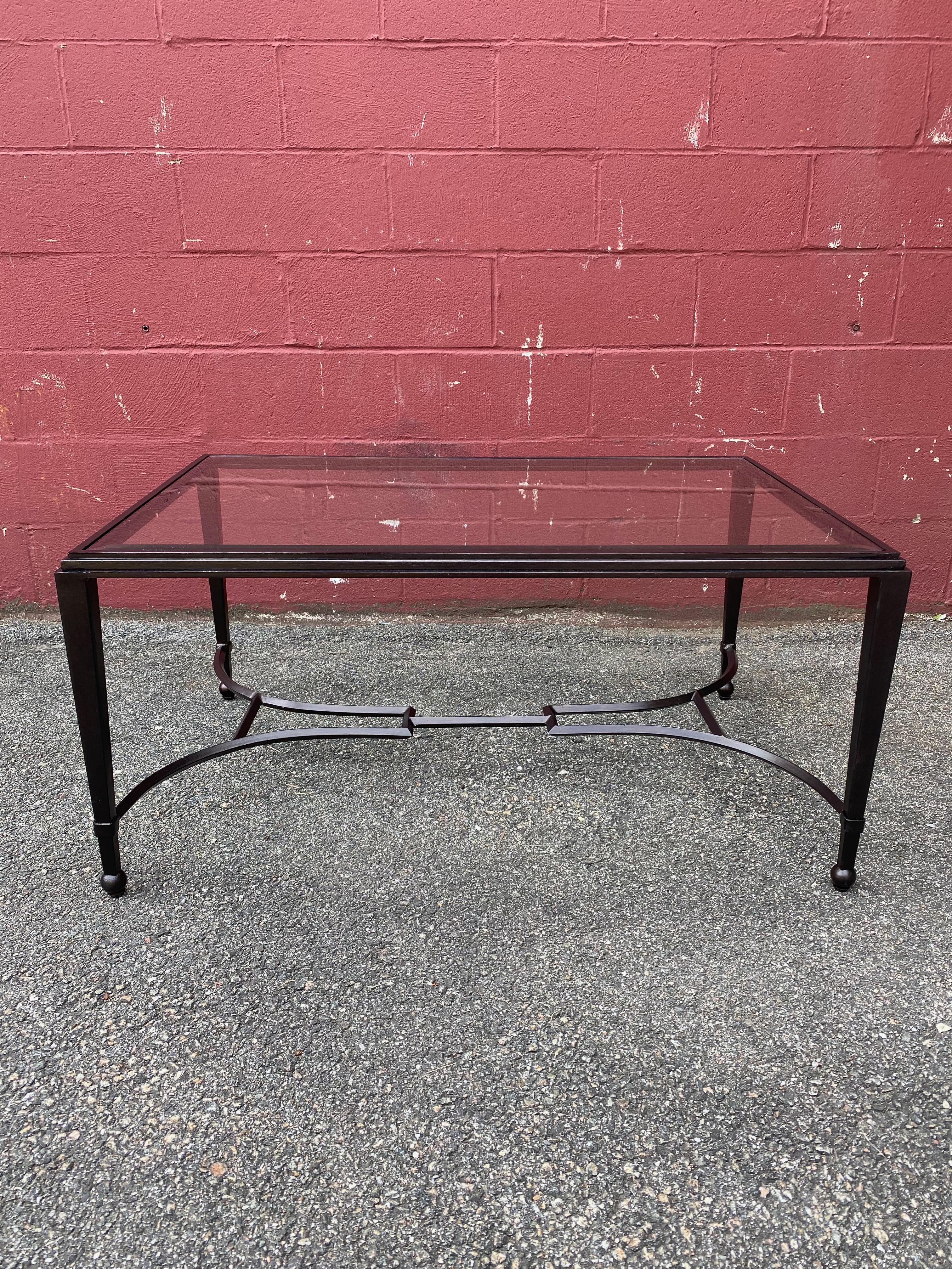 Hand-Painted Iron and Glass Coffee Table in Patinated Bronze Finish For Sale