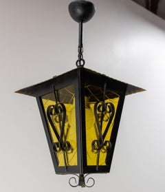 Iron and Glass Lustre Ceiling Lamp French Lantern, circa 1960