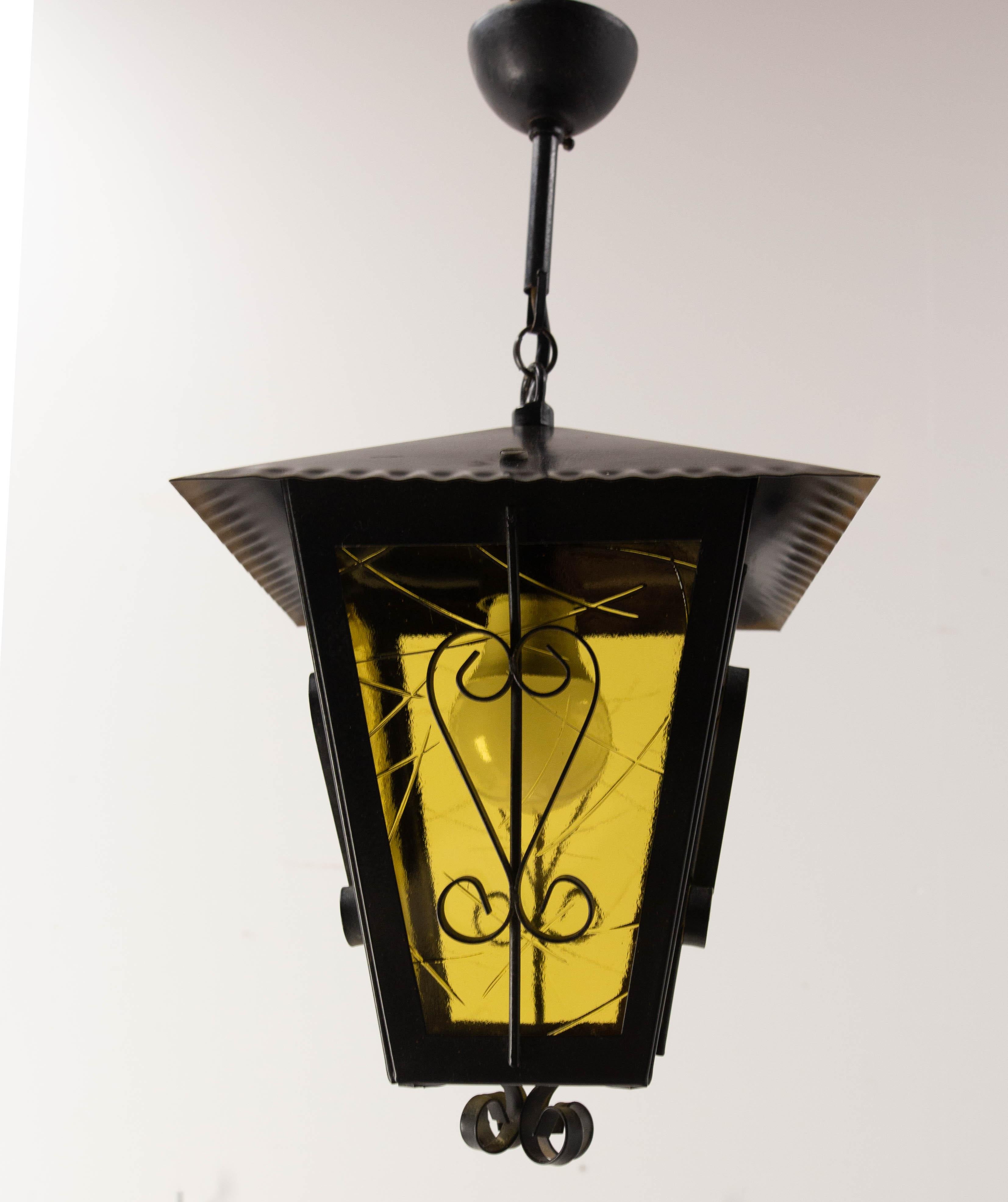 Mid-Century Modern Iron and Glass Lustre Ceiling Lamp French Lantern, circa 1960 For Sale