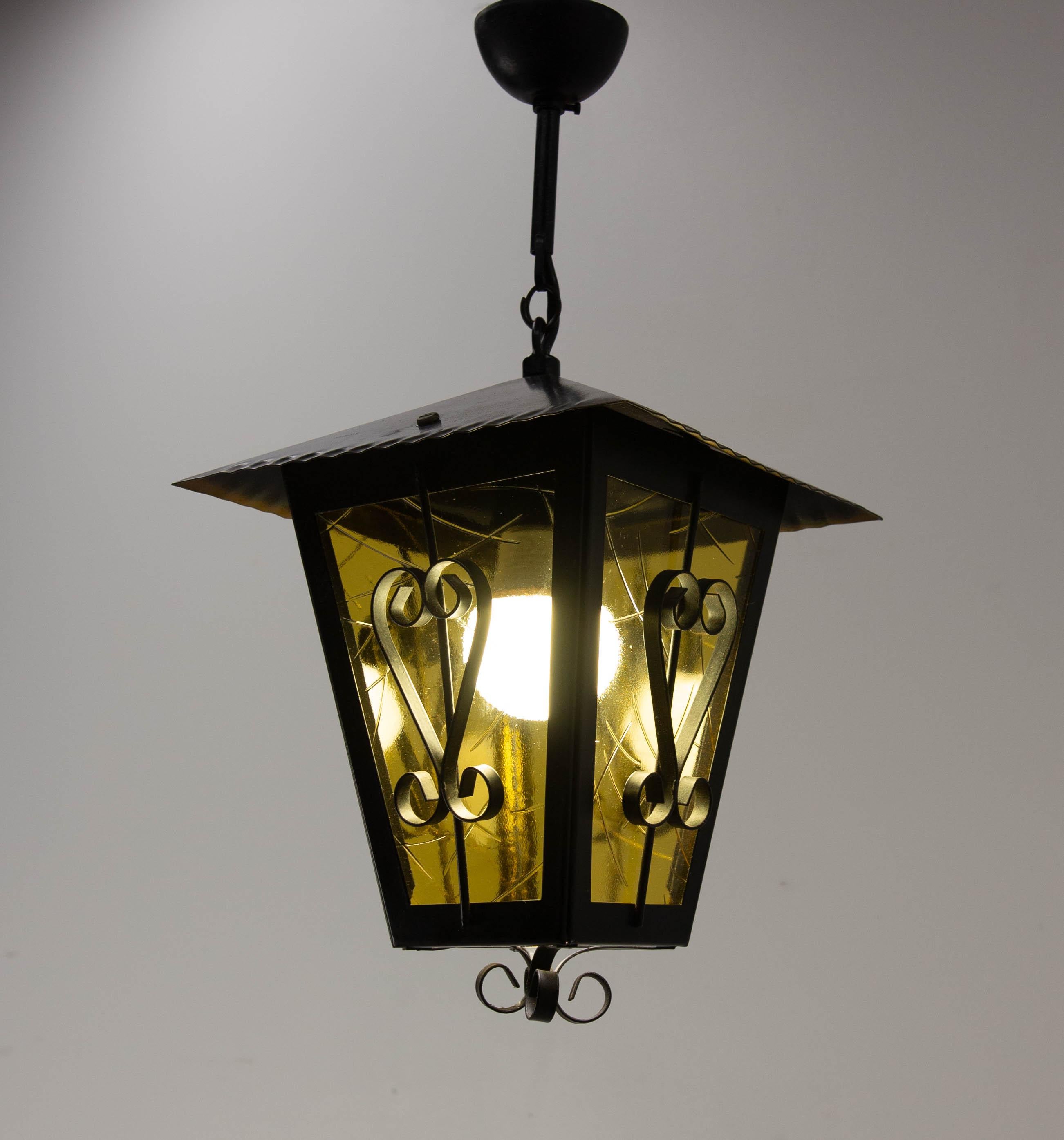 Iron and Glass Lustre Ceiling Lamp French Lantern, circa 1960 In Good Condition For Sale In Labrit, Landes