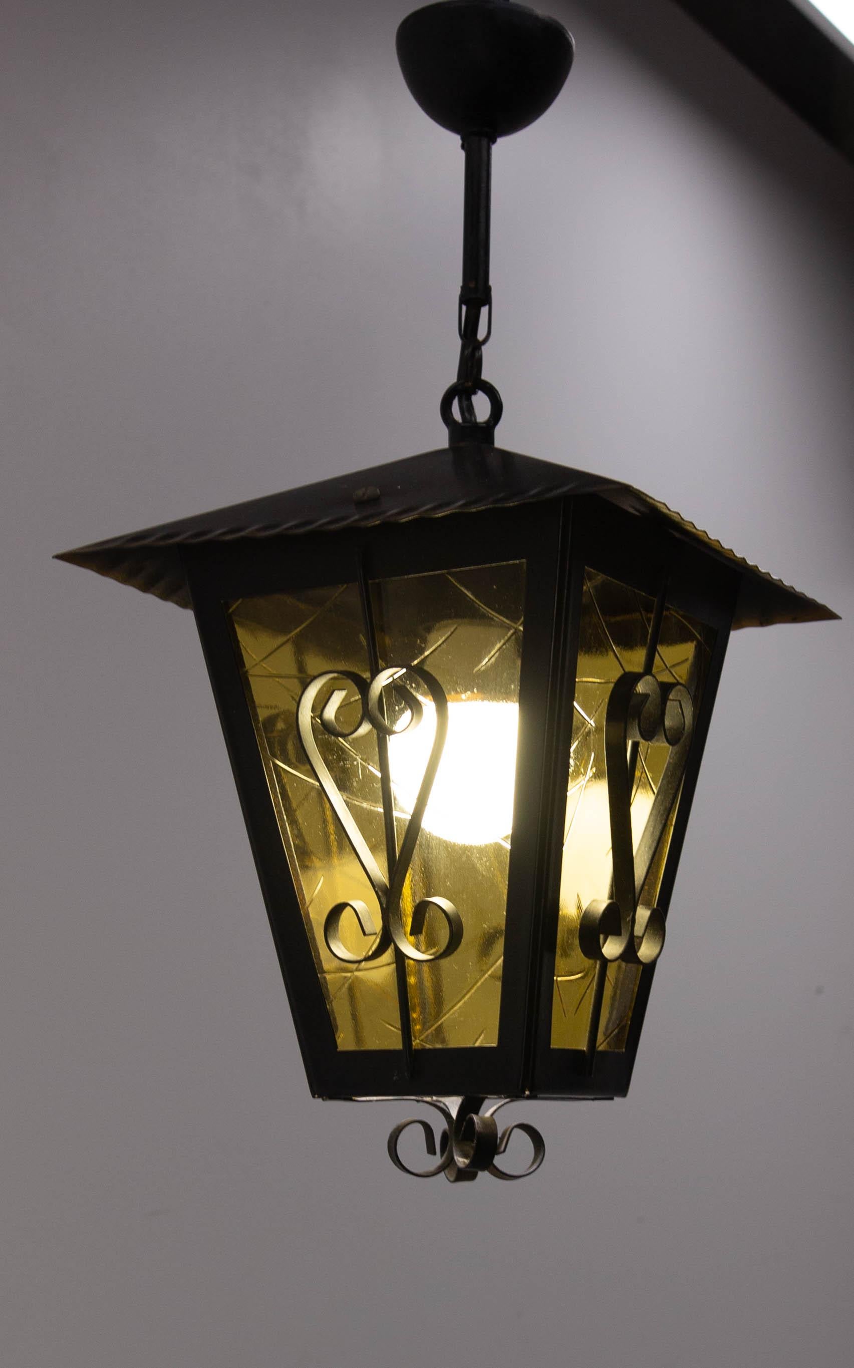 Late 20th Century Iron and Glass Lustre Ceiling Lamp French Lantern, circa 1960 For Sale