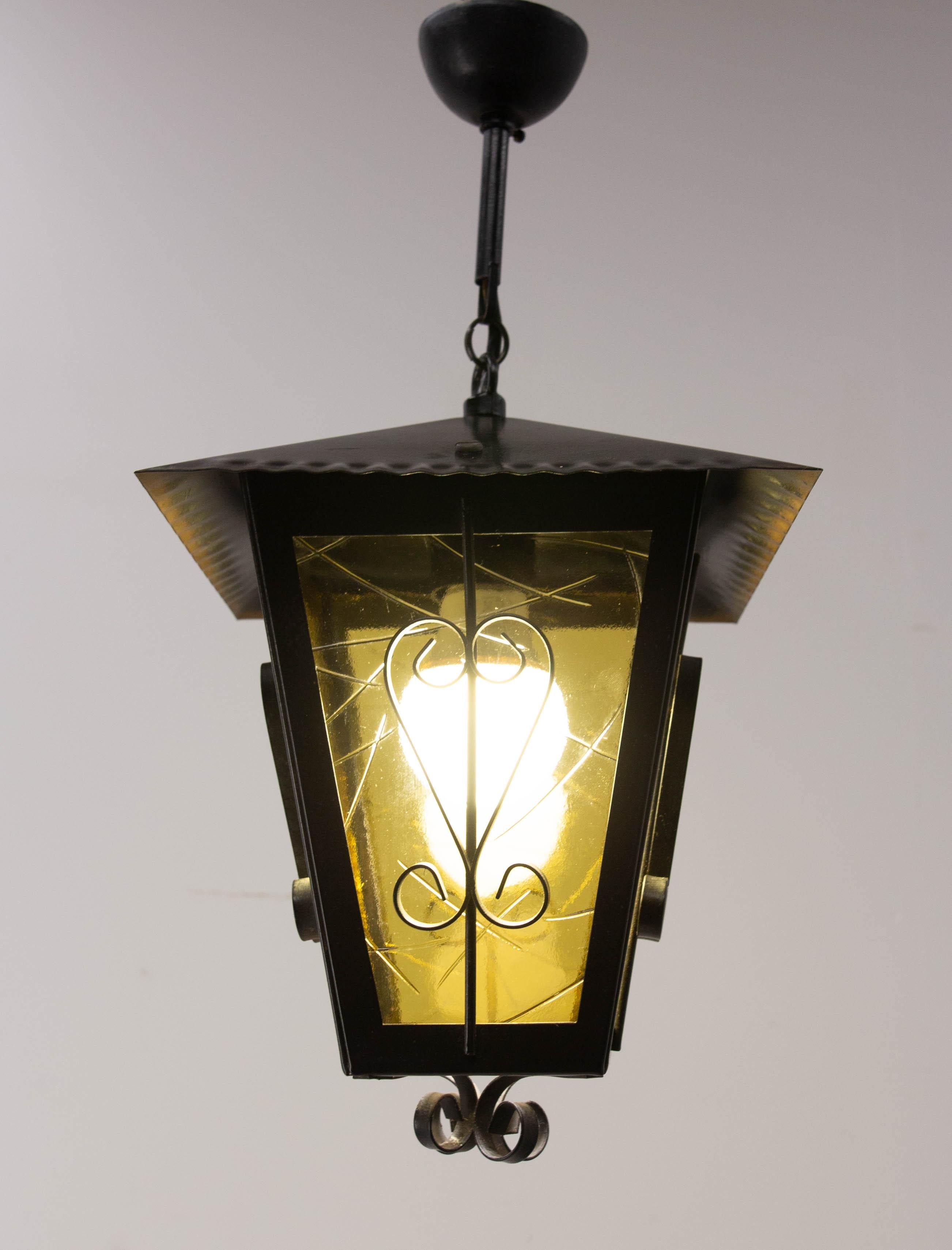 Iron and Glass Lustre Ceiling Lamp French Lantern, circa 1960 For Sale 2