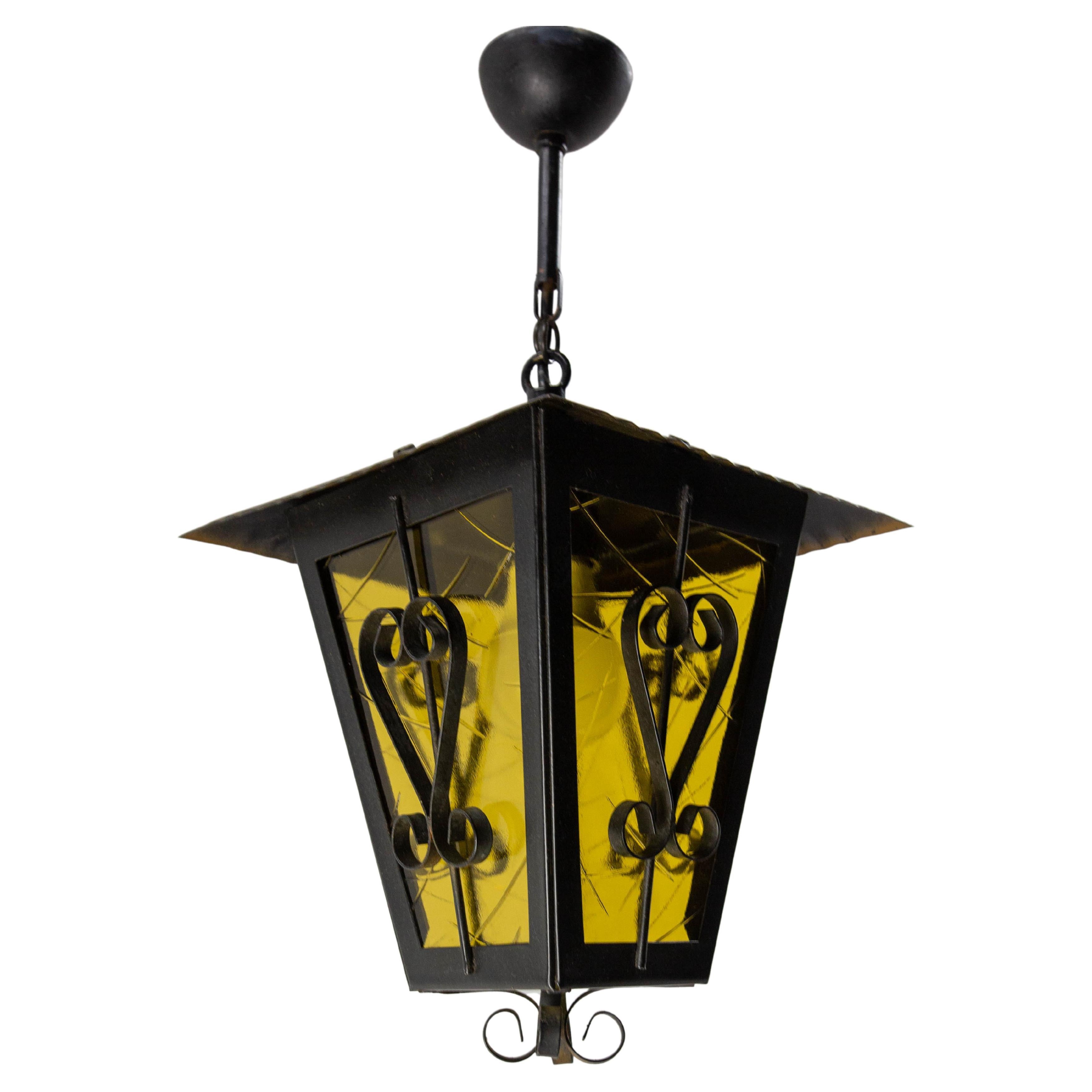 Iron and Glass Lustre Ceiling Lamp French Lantern, circa 1960 For Sale