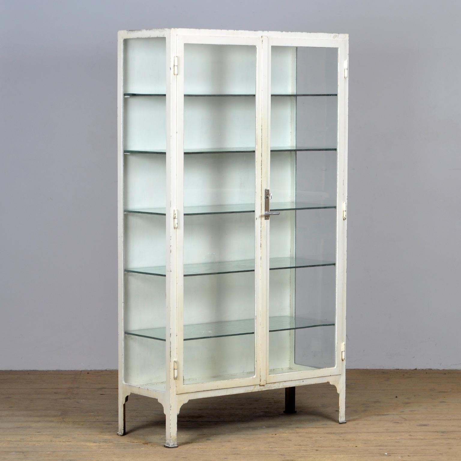 vintage metal and glass medical cabinet