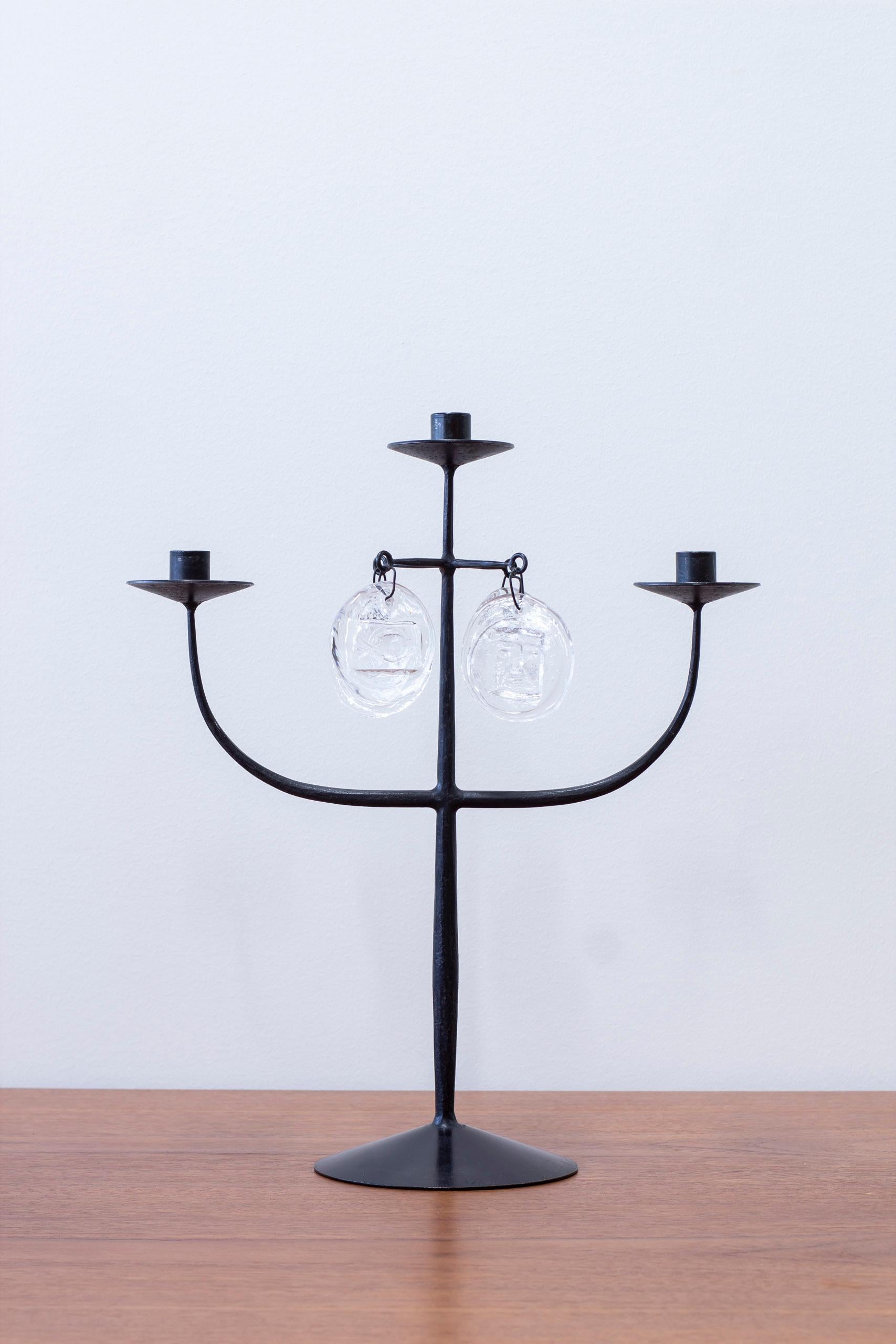 Scandinavian Modern Iron and glass prism candelabra by Erik Höglund , Boda Smide, 1950s For Sale