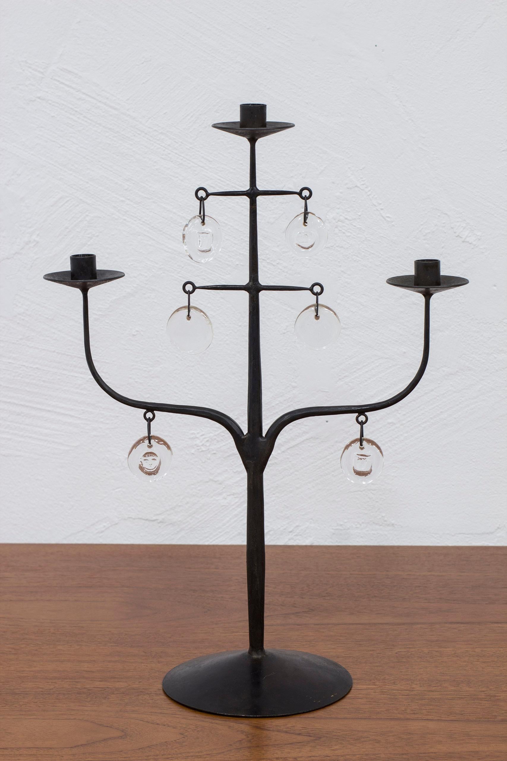 Swedish Iron and glass prism candelabra by Erik Höglund , Boda Smide, 1950s For Sale