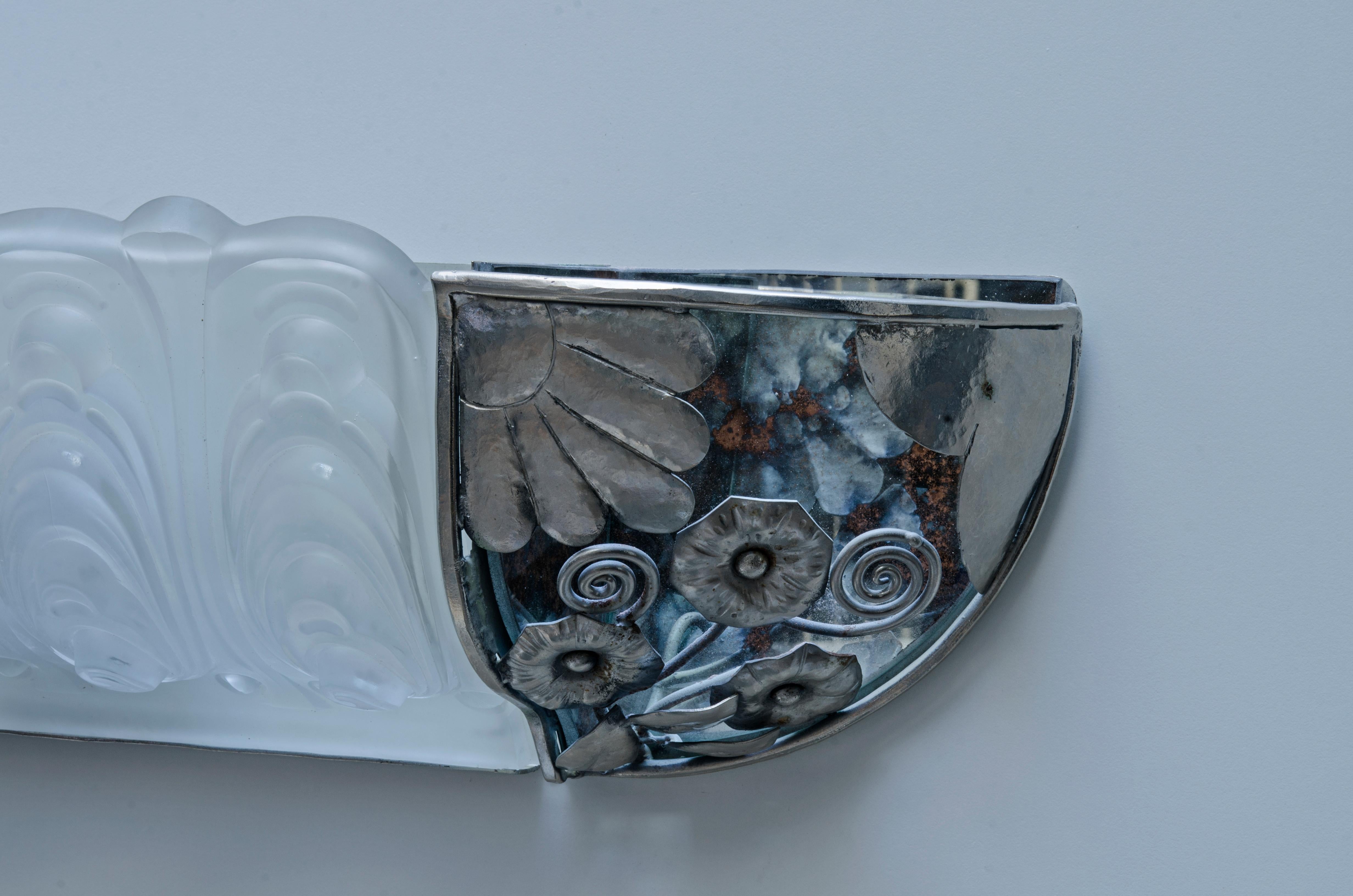 French Iron and Glass Sconces by Marius Ernest Sabino For Sale