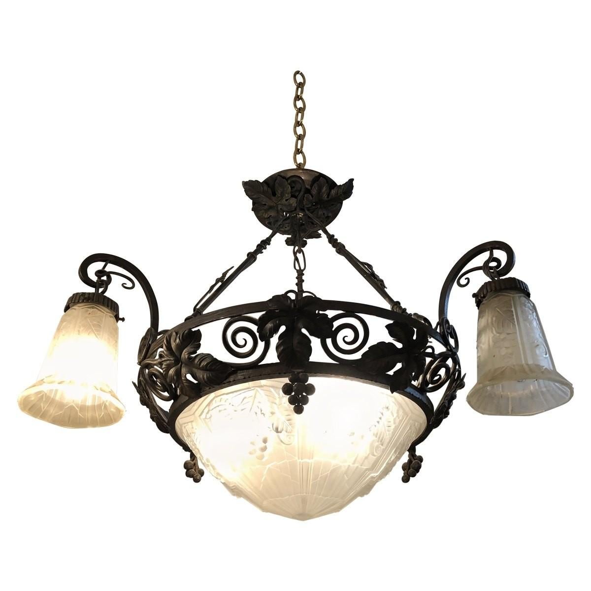 Other Iron and Glass Scrolls and Grapes Embellished Chandelier For Sale