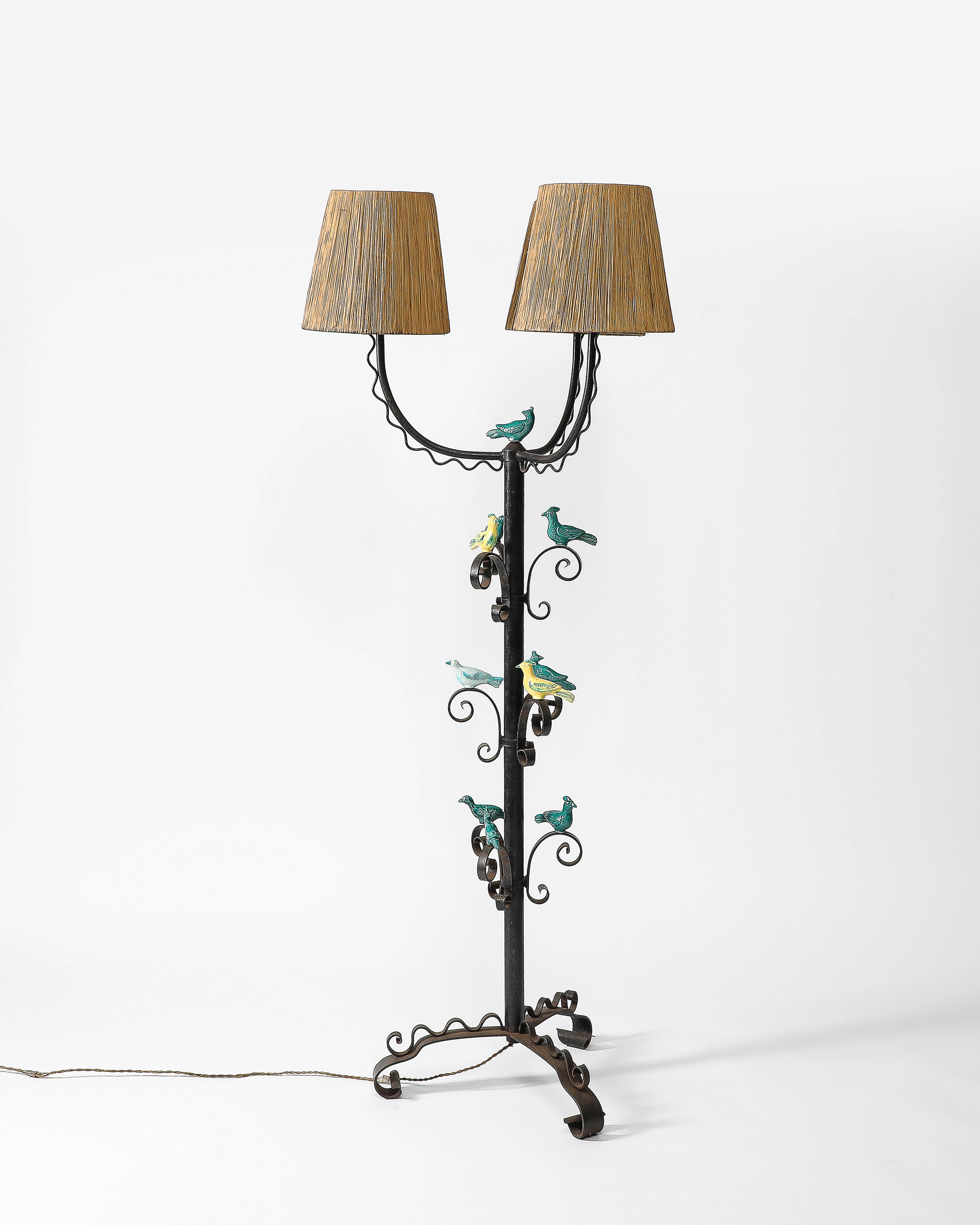 French Iron and Glazed Ceramic Floor Lamp, France, c. 1940