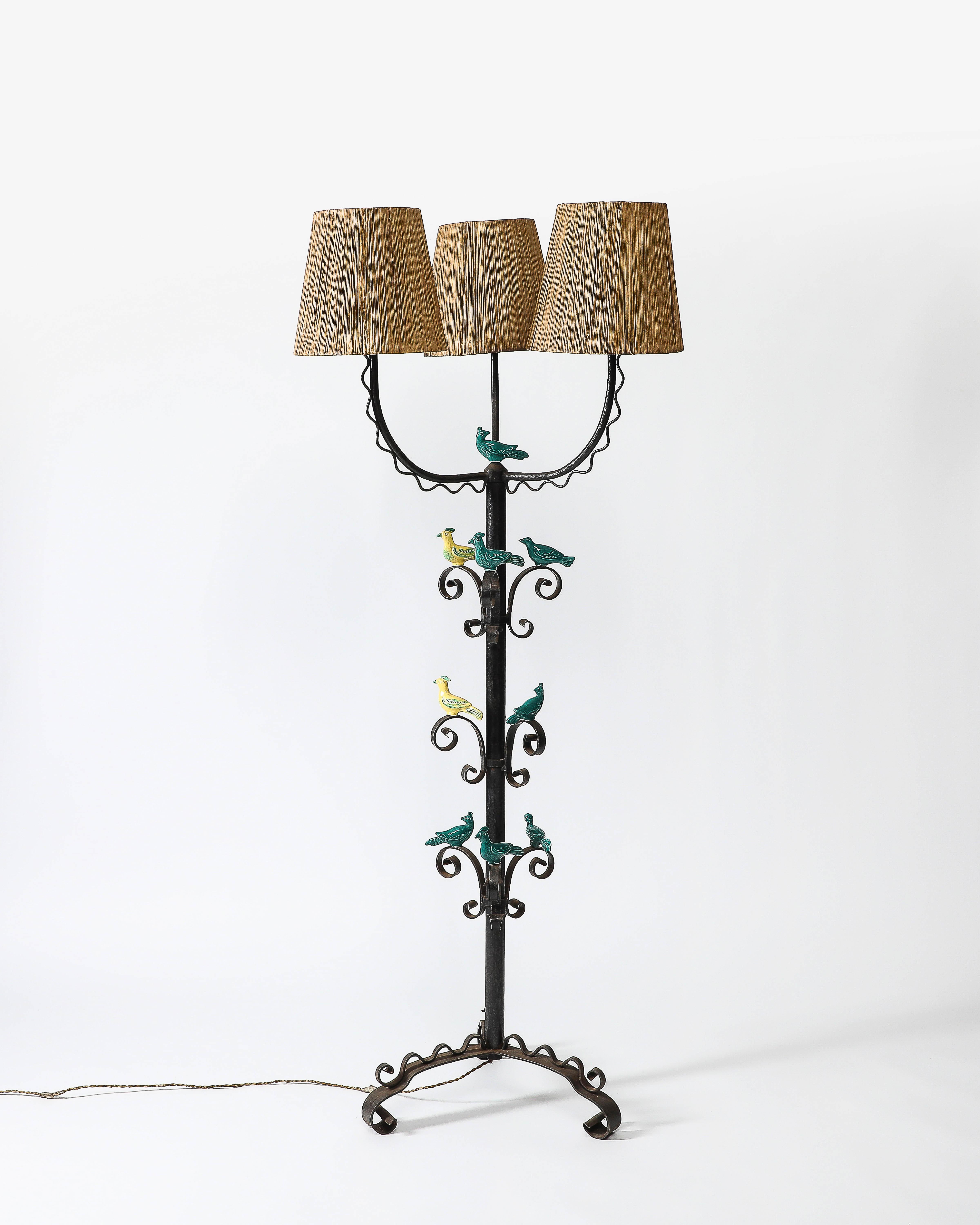 Iron and Glazed Ceramic Floor Lamp, France, c. 1940 In Good Condition In New York City, NY