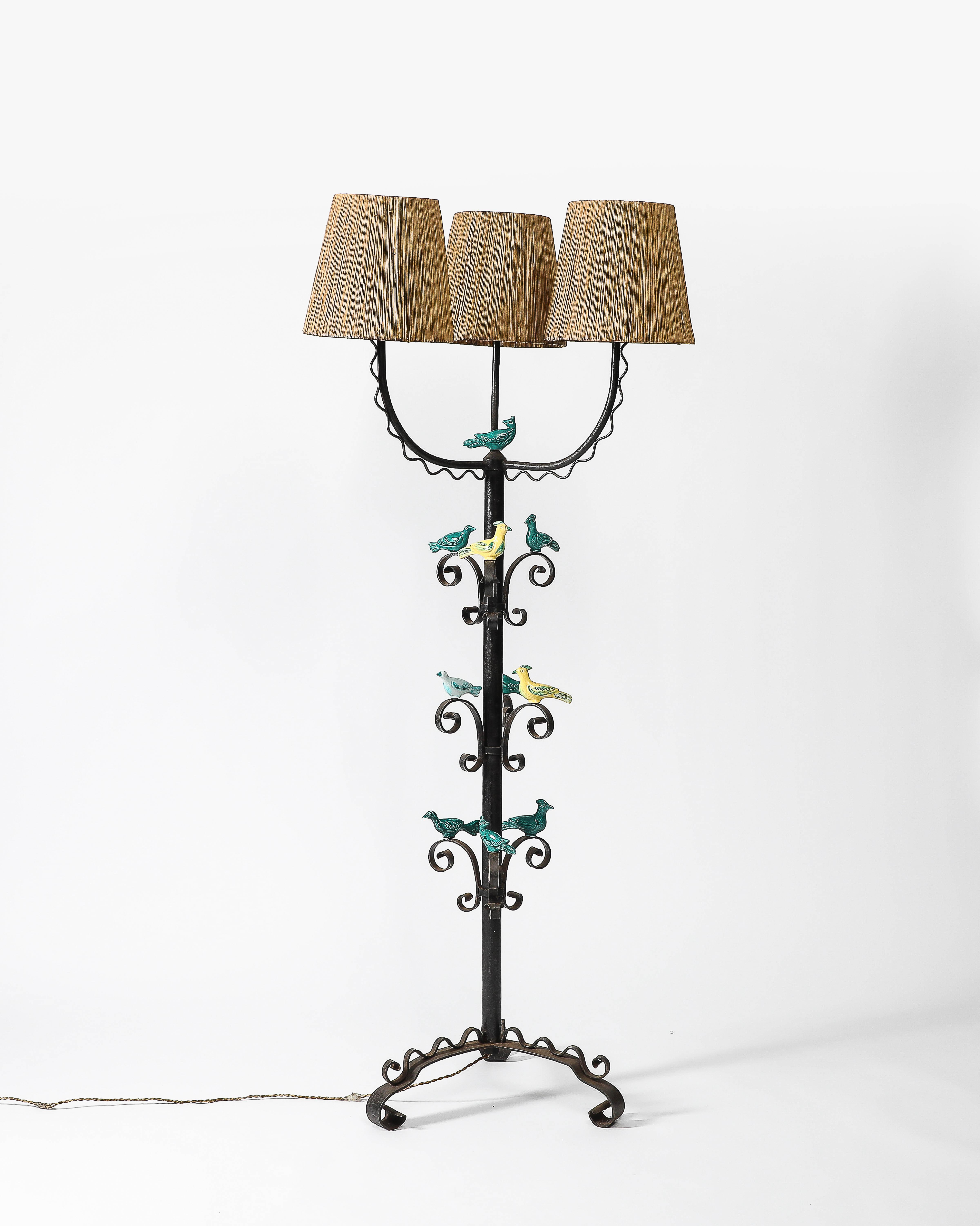 Mid-20th Century Iron and Glazed Ceramic Floor Lamp, France, c. 1940