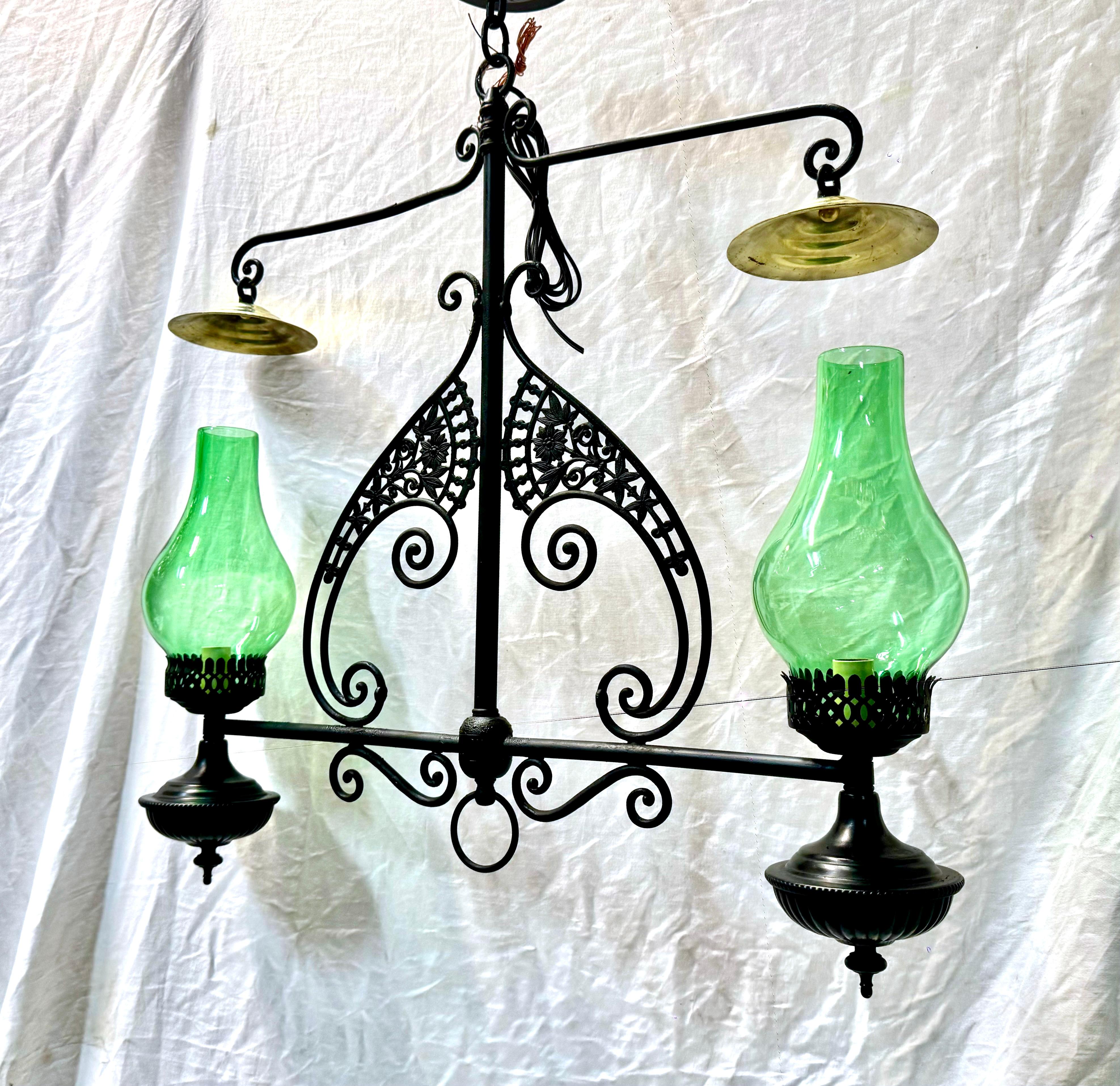 Iron and Green Hurricane Horizontal Light Fixture In Good Condition In New York, NY