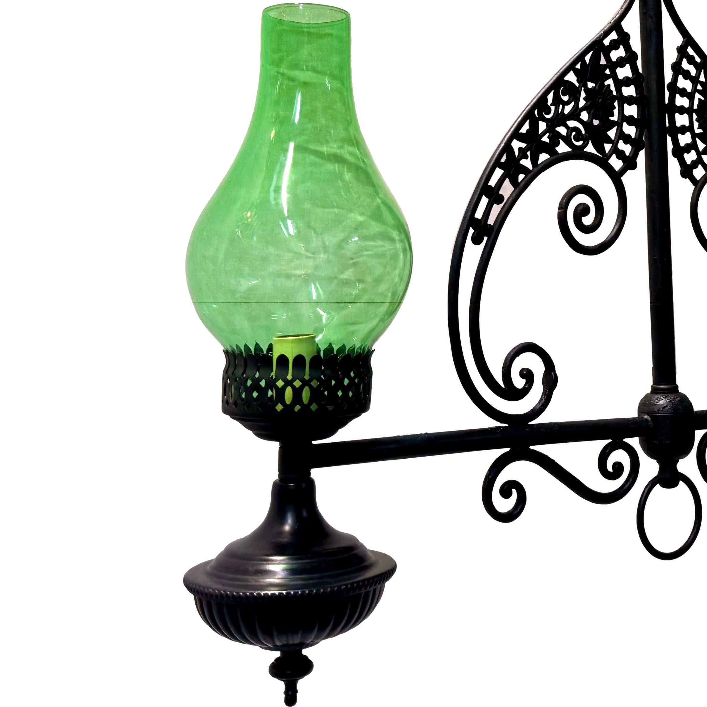 Glass Iron and Green Hurricane Horizontal Light Fixture