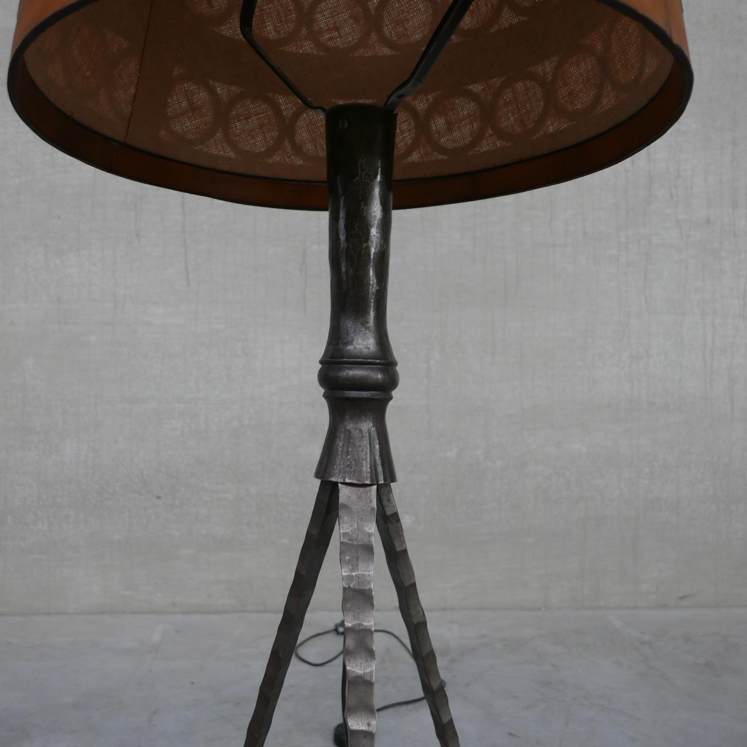 Wood Iron and Leather Brutalist Mid-Century Spanish Floor Lamp