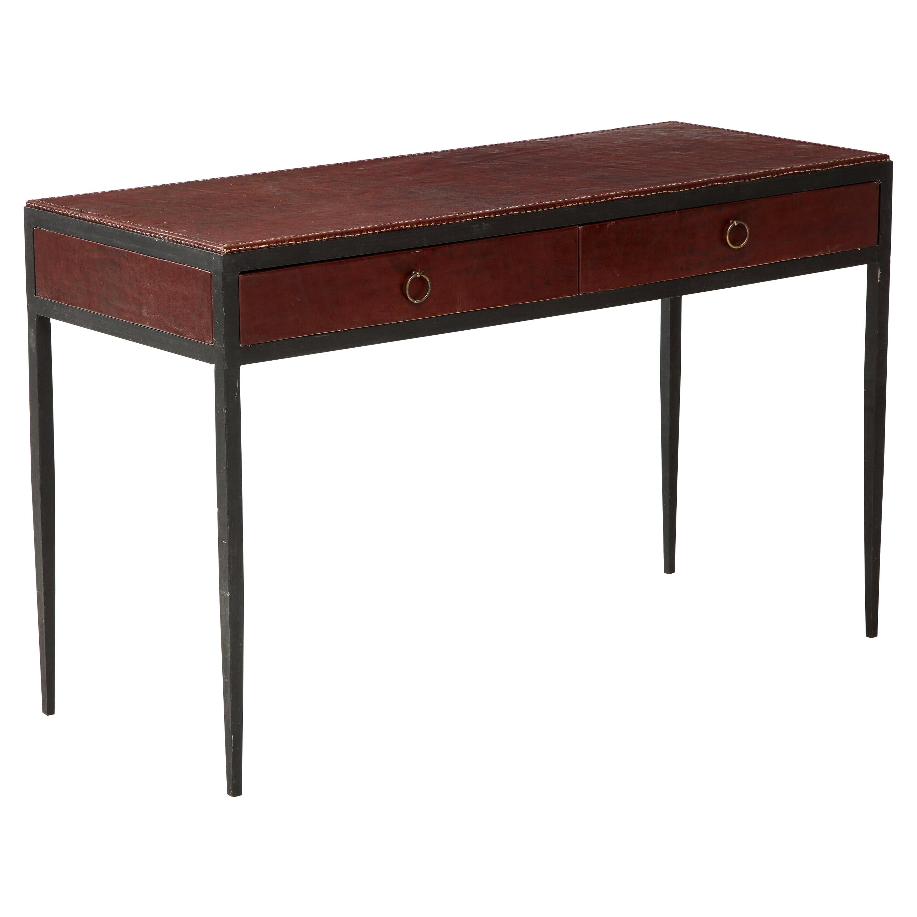 Iron and Leather Desk/ Console on Tapered Legs in the Jean Michel Frank Manner