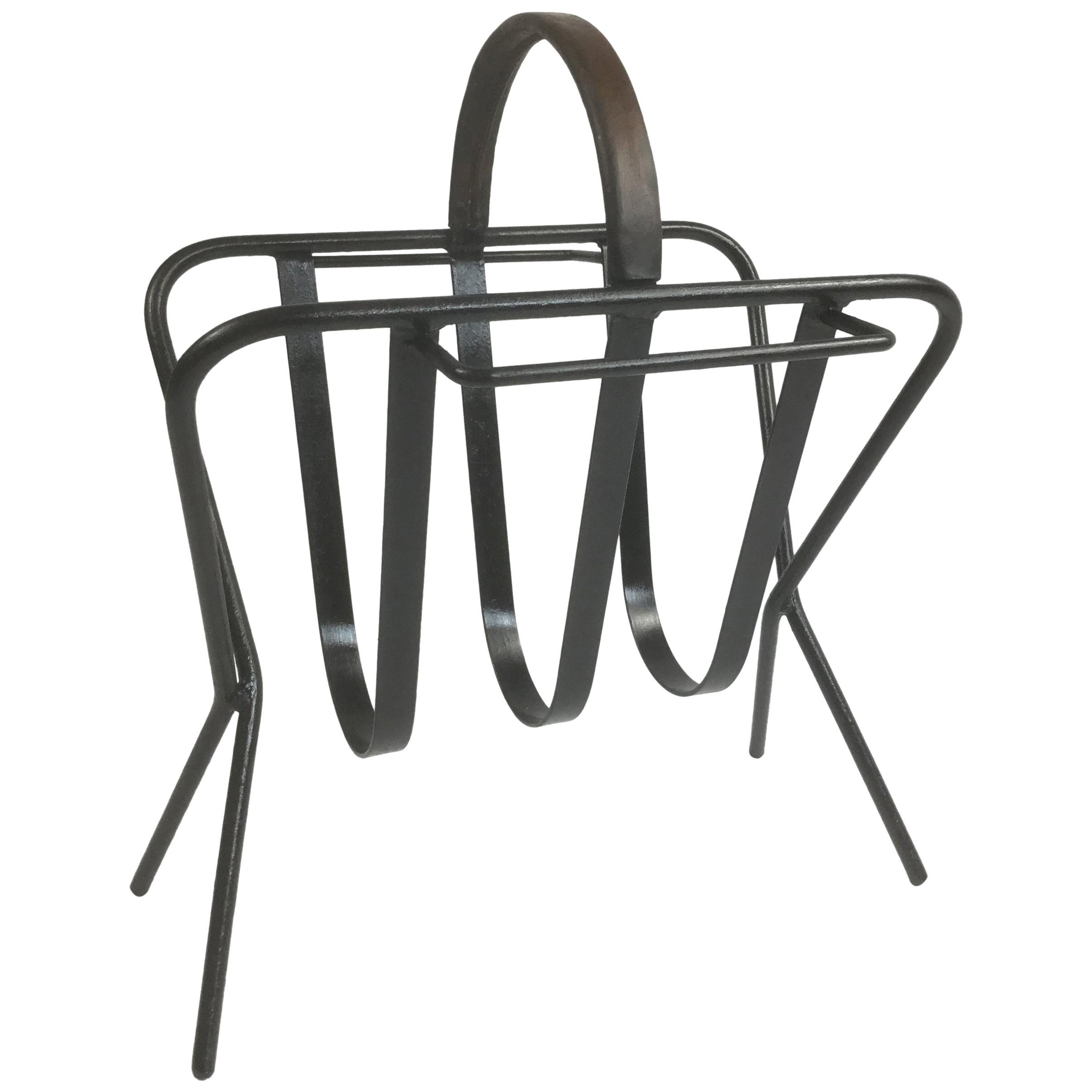 Iron and Leather Magazine Rack in a Manner of Jacques Adnet, France, 1950s