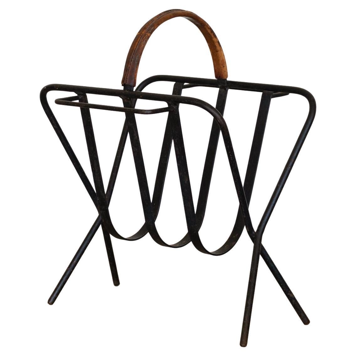 Iron and Leather Magazine Rack in the Style of Jacques Adnet