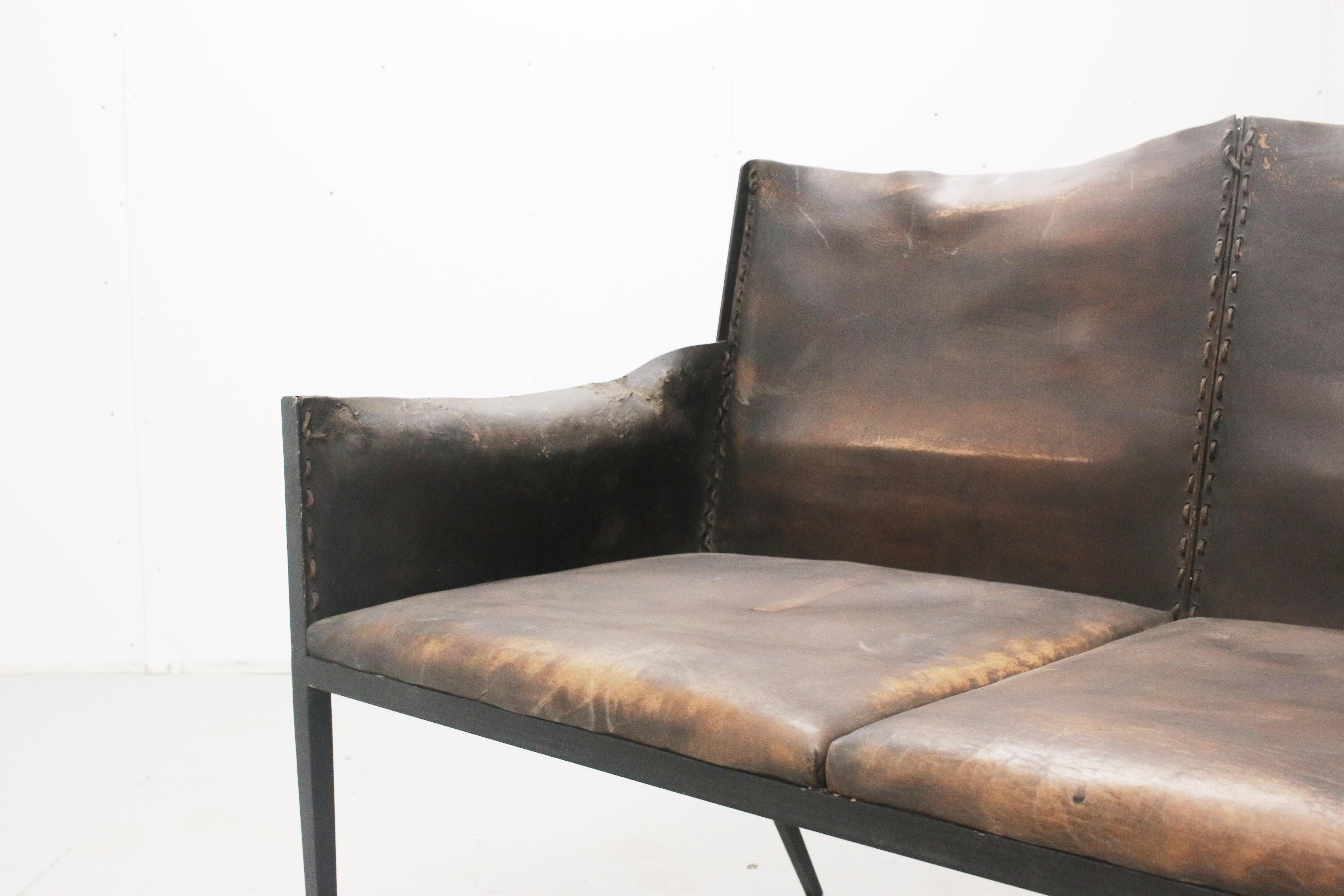 Mid-Century Modern Iron and Leather Settee, in the Manner of Jean-Michel Frank, France