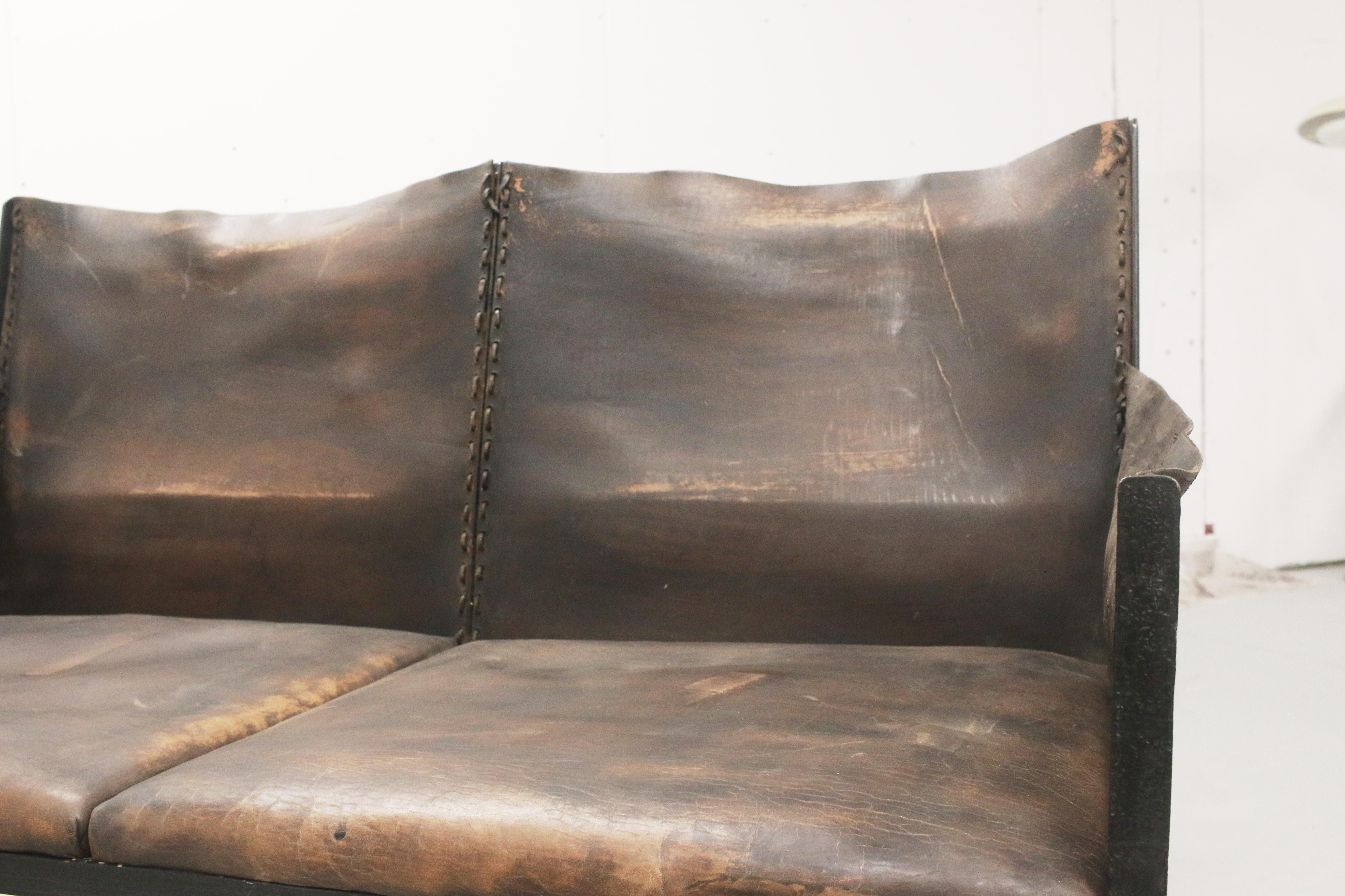 French Iron and Leather Settee, in the Manner of Jean-Michel Frank, France