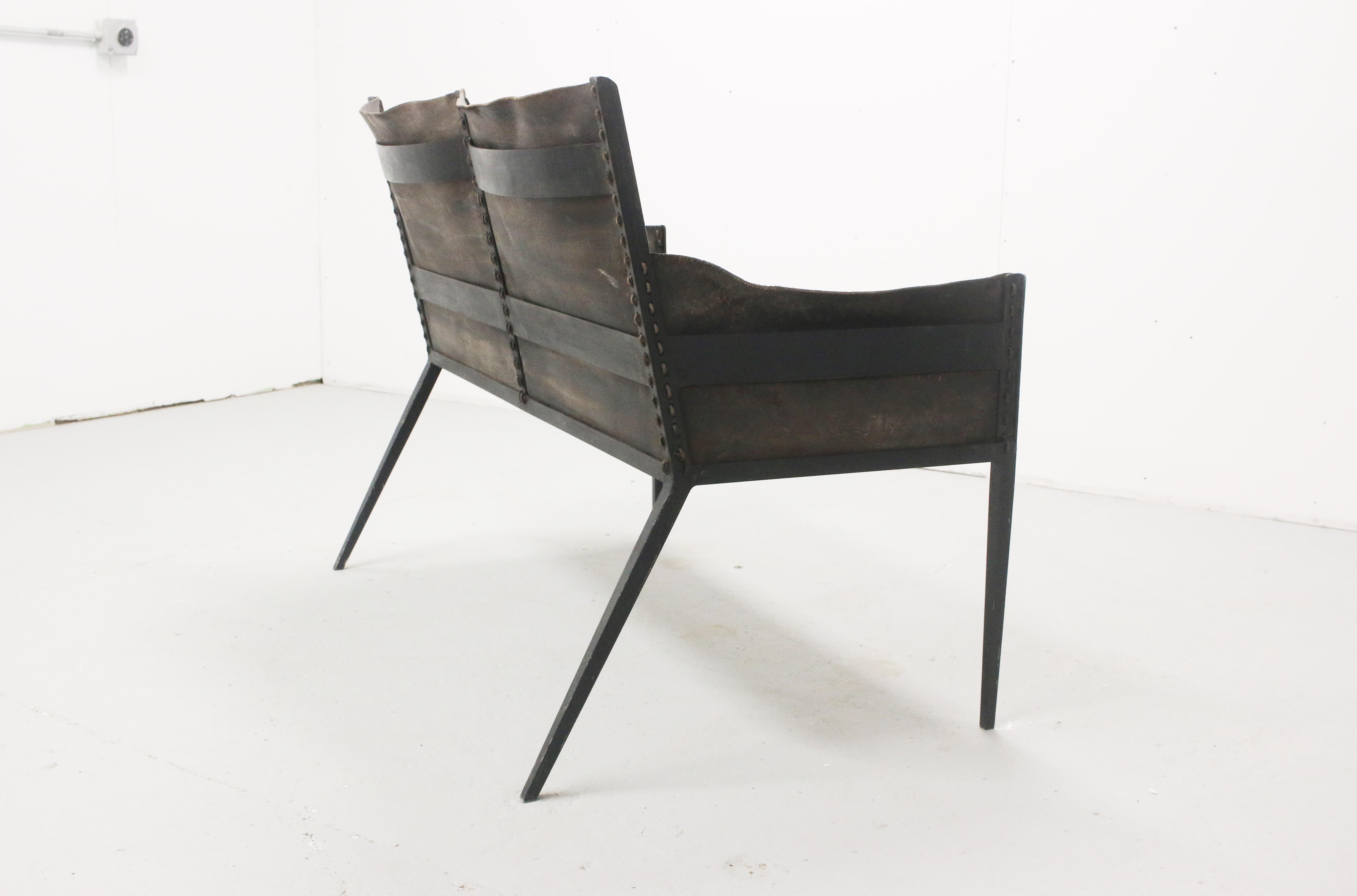 Metal Iron and Leather Settee, in the Manner of Jean-Michel Frank, France