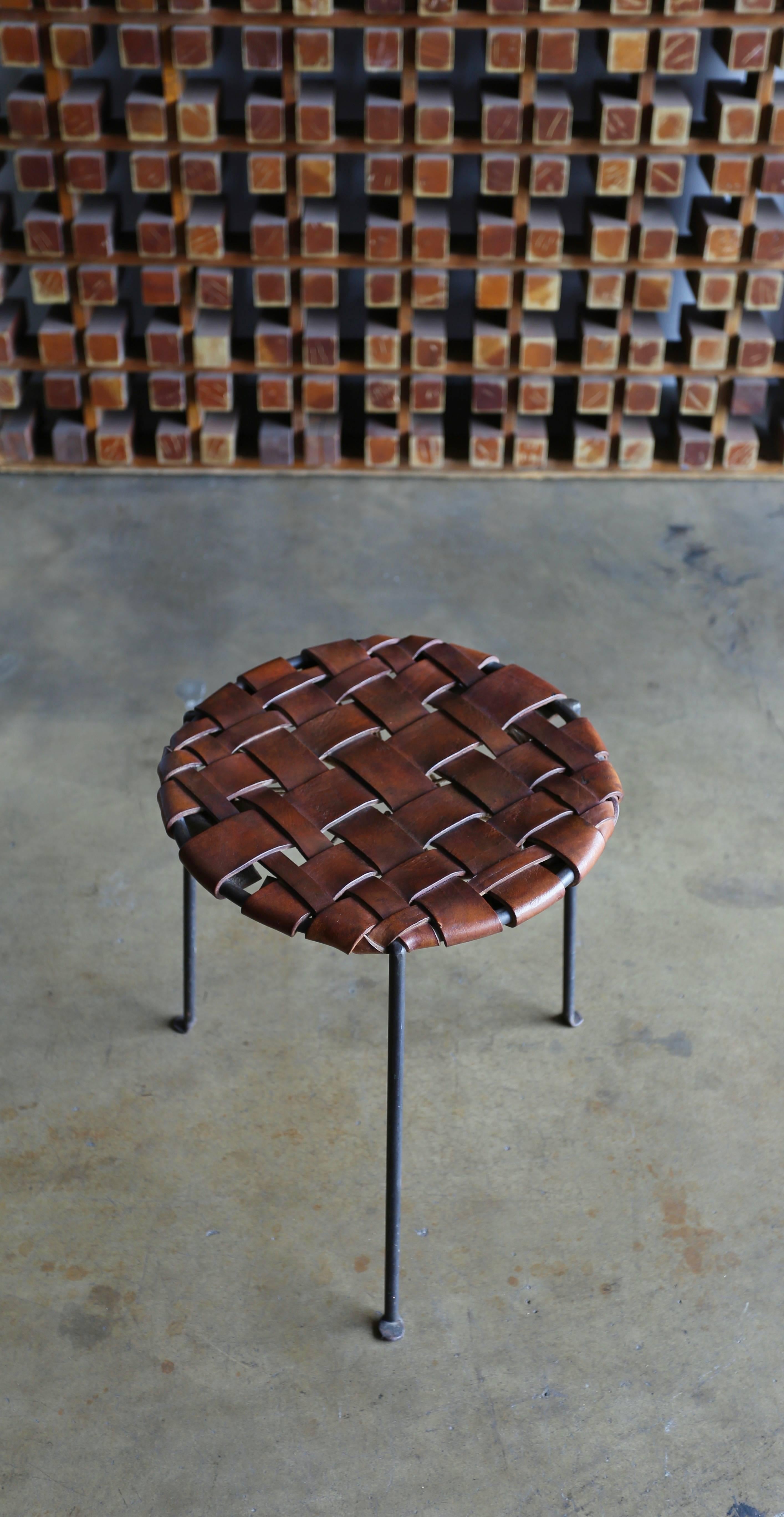 Iron and Leather Stools by Lila Swift and Donald Monell In Distressed Condition In Costa Mesa, CA