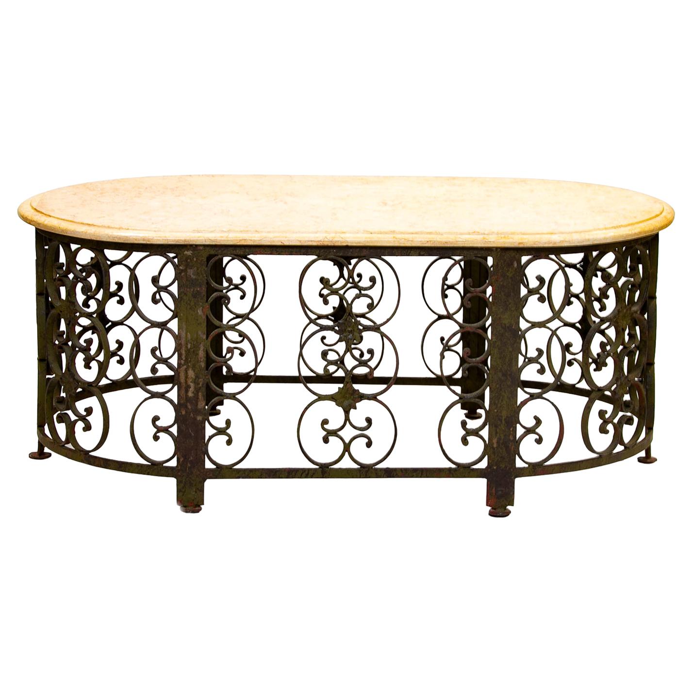 Iron and Marble-Top Coffee Table