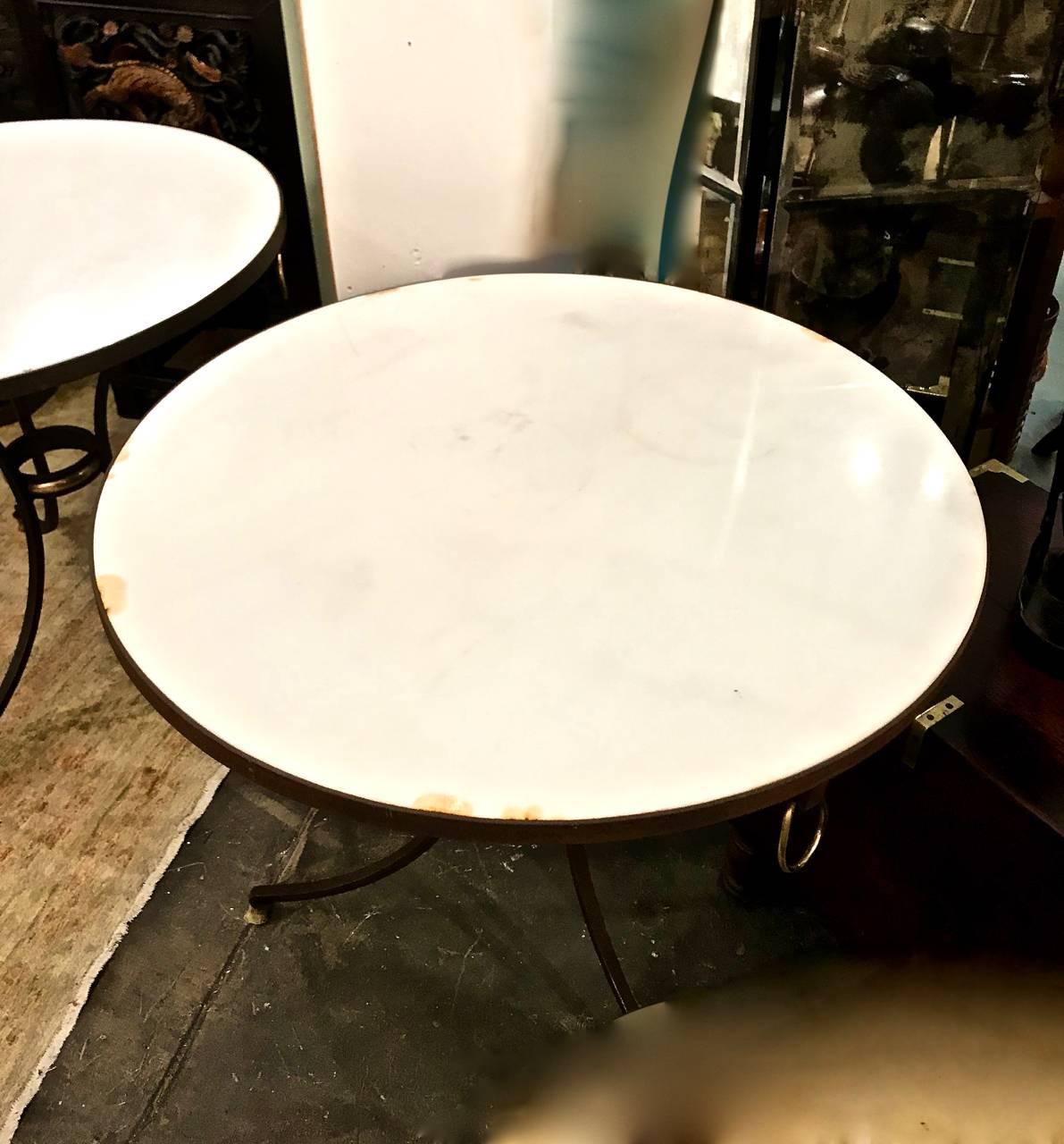 French Iron and Marble-Top Gueridons or Side Tables, Pair