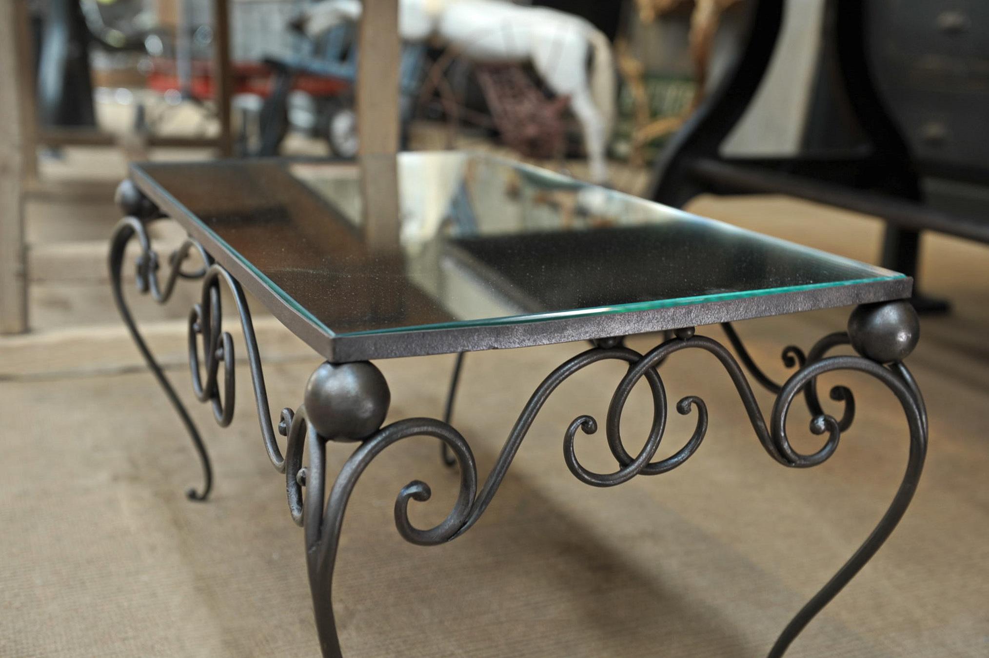 Art Deco Iron and Mirror Top Coffee Table, circa 1940 For Sale