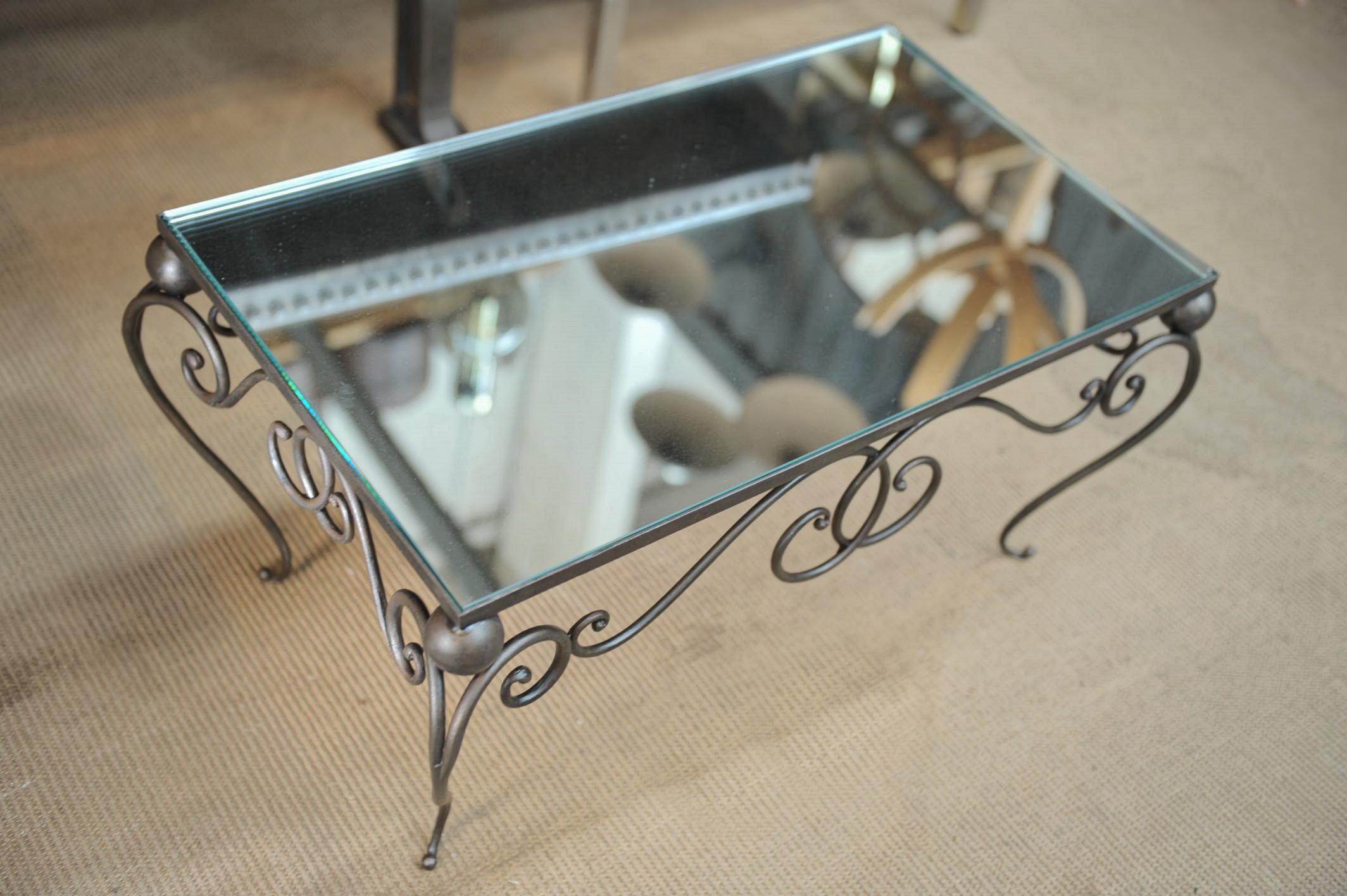 French Iron and Mirror Top Coffee Table, circa 1940 For Sale