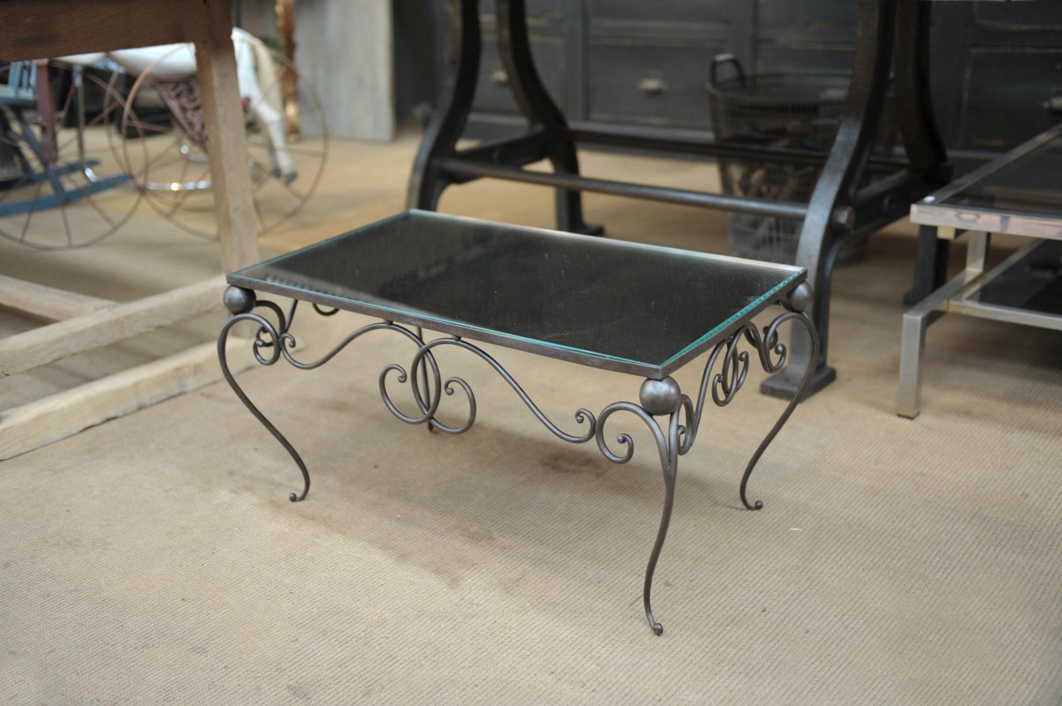 Mid-20th Century Iron and Mirror Top Coffee Table, circa 1940 For Sale