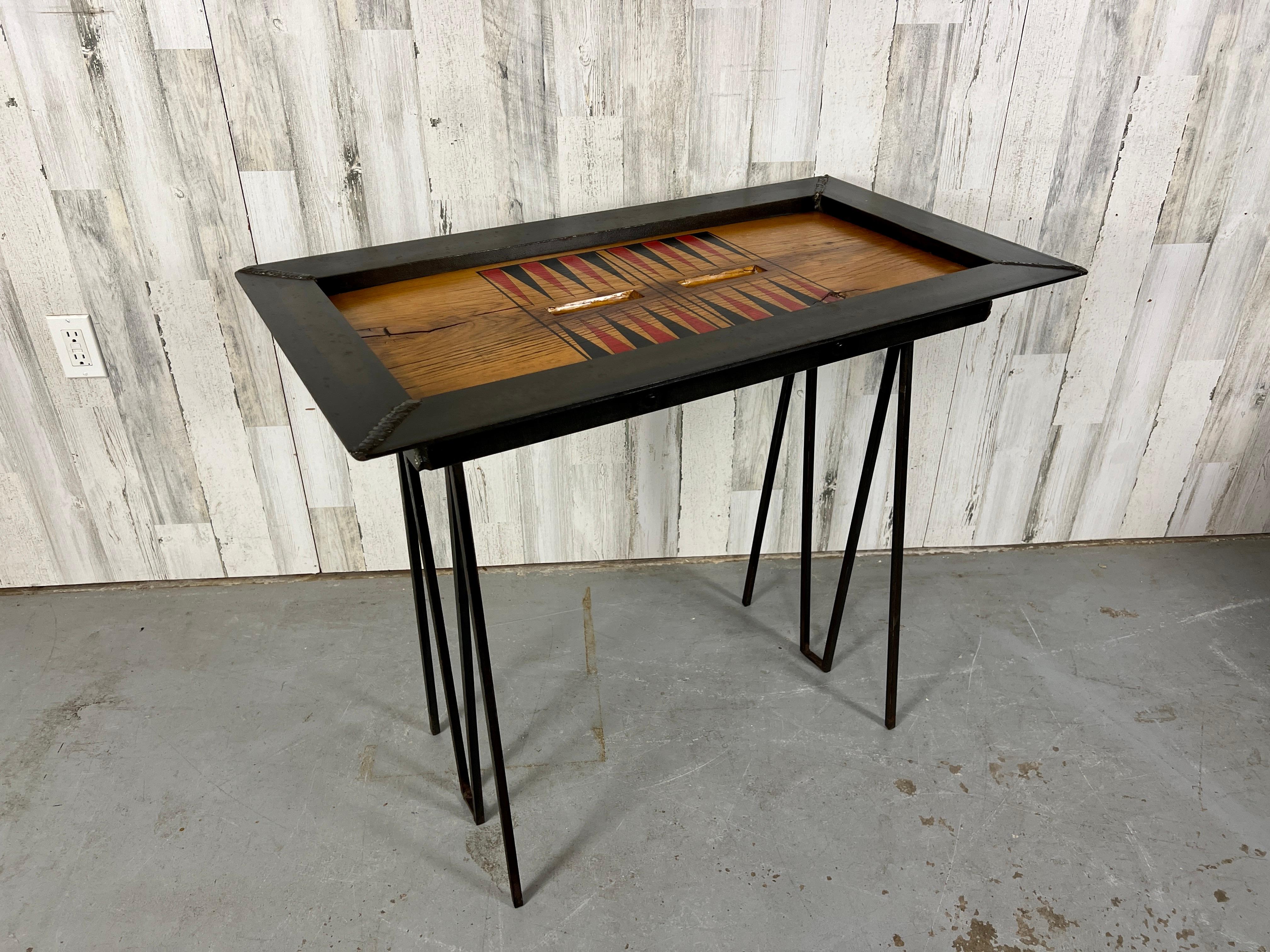 Mid-Century Modern Iron and Oak Backgammon Table For Sale