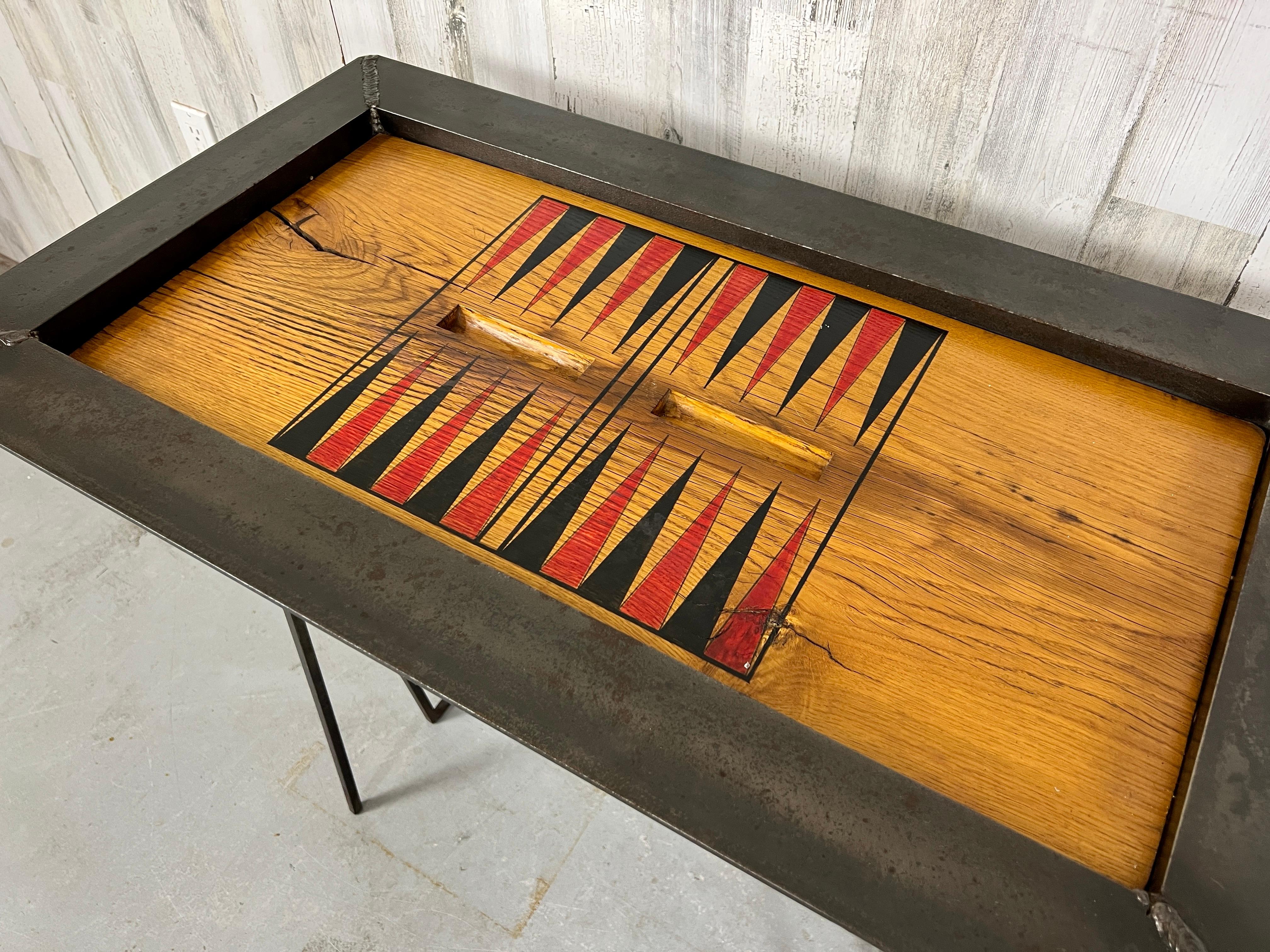 Iron and Oak Backgammon Table For Sale 1