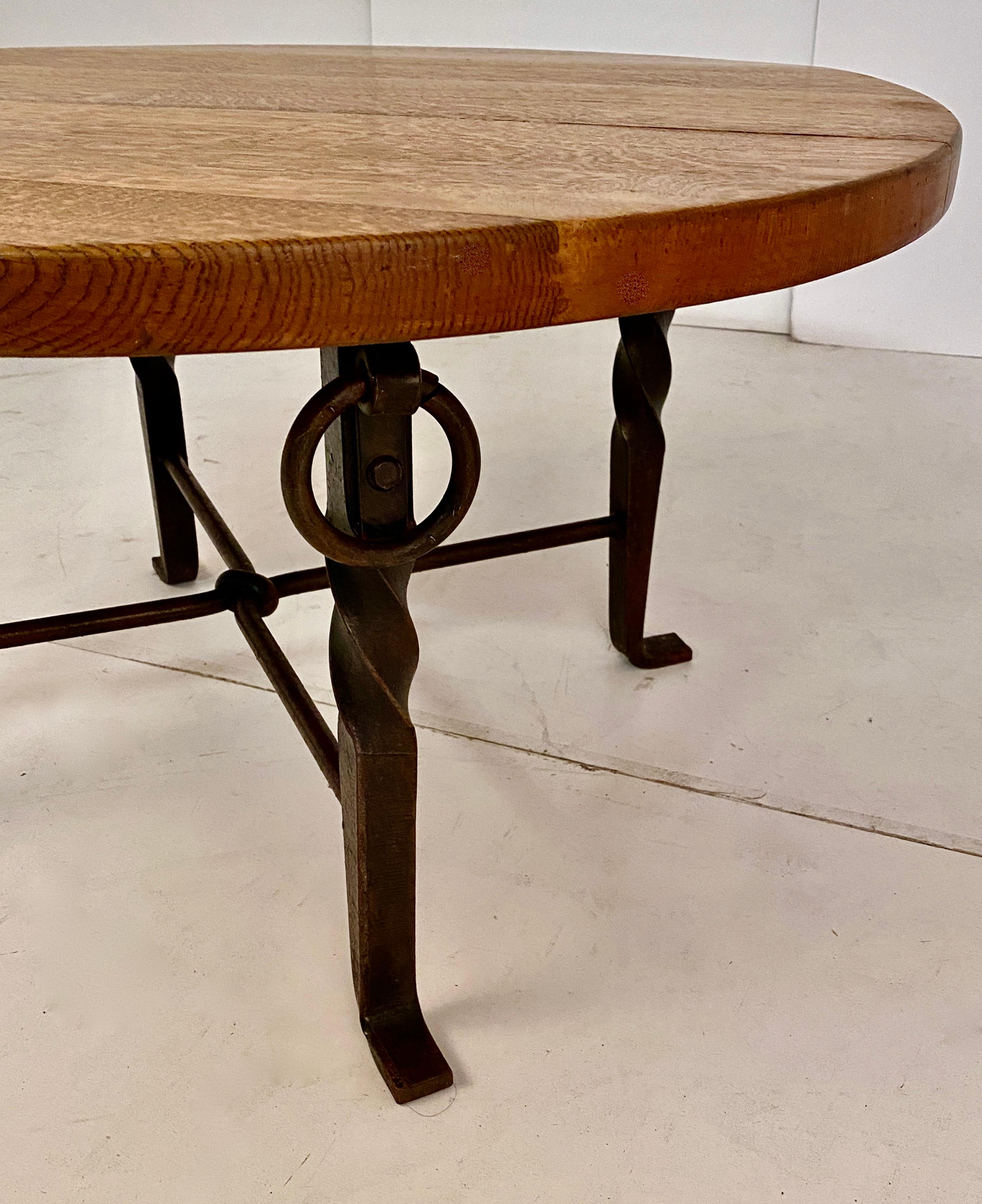 French Iron and Oak Round Cocktail Table, France