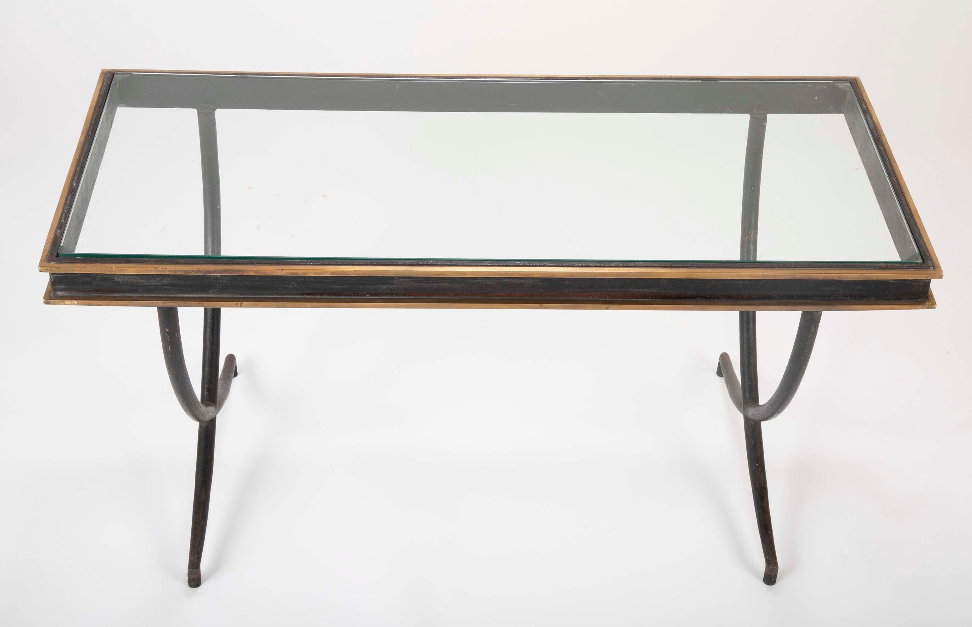 Iron and Polished Bronze Coffee Table in the Manner of Andre Arbus In Good Condition In Stamford, CT