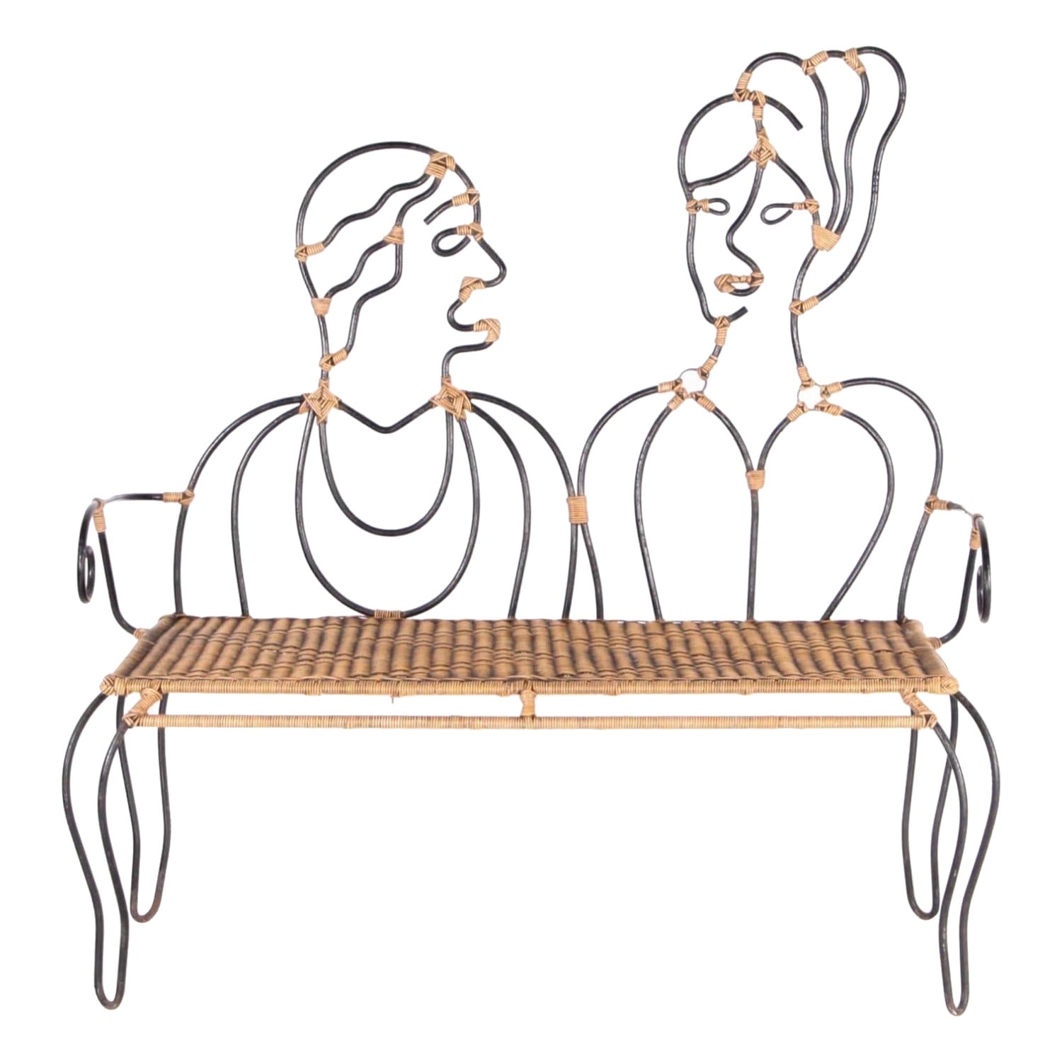 Iron and rattan bench