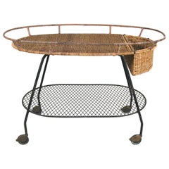 Iron and Rattan Oval 1950s Bar Cart by Salterini