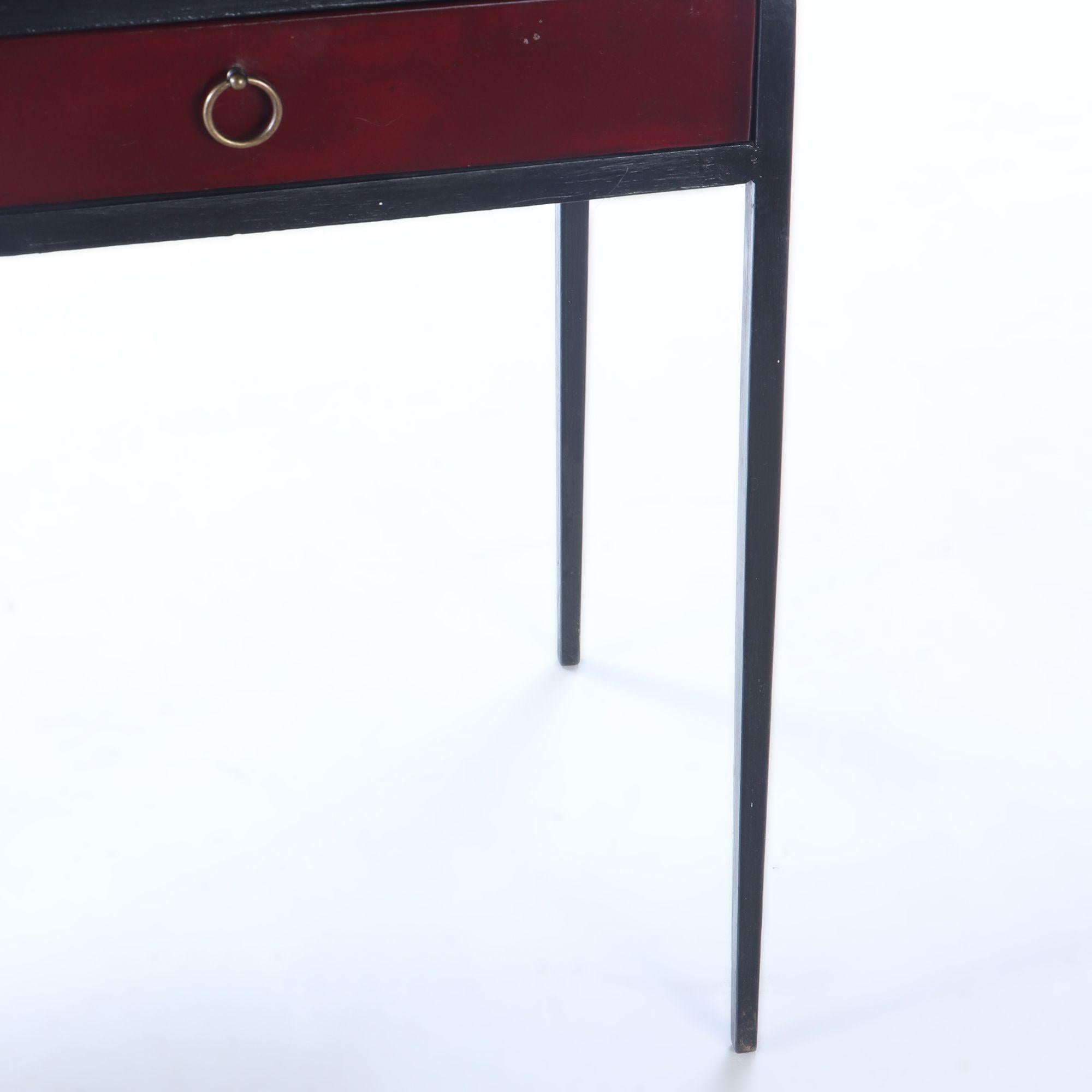 Iron and red leather writing desk with two drawers, manner of Jean-Micheal Frank In Good Condition For Sale In Philadelphia, PA