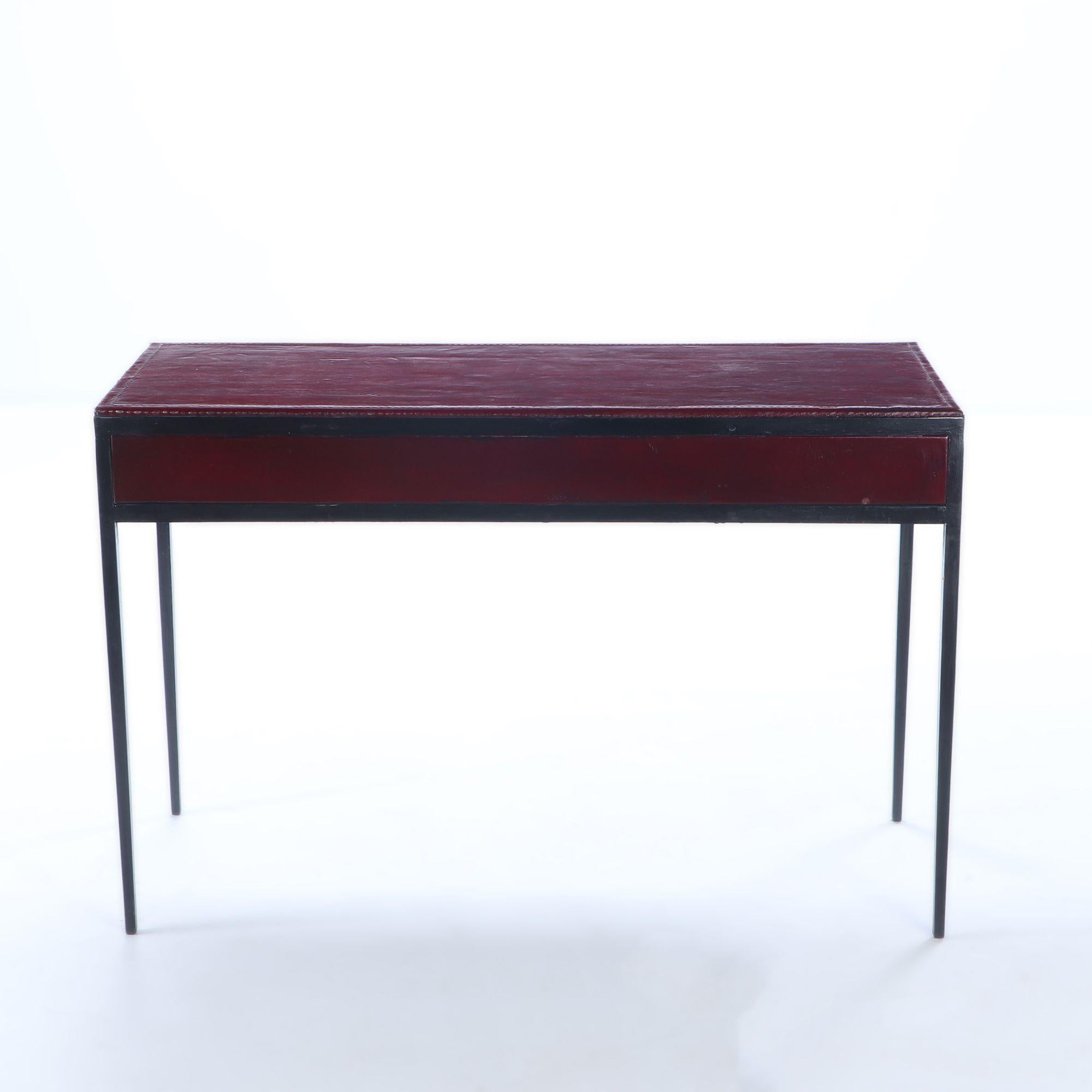 Contemporary Iron and red leather writing desk with two drawers, manner of Jean-Micheal Frank For Sale